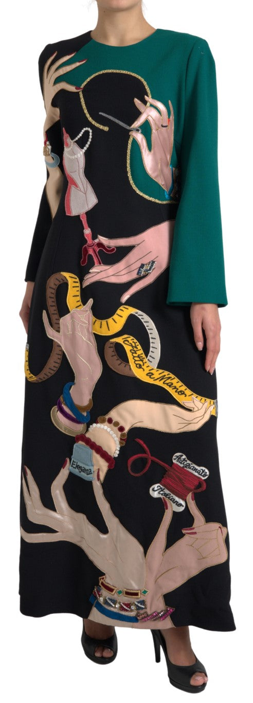 A long sleeve maxi dress with a multicolored design