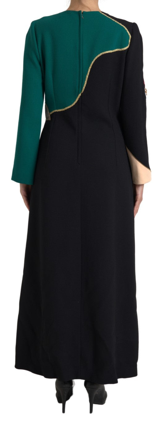 A long sleeve maxi dress with a colorful design