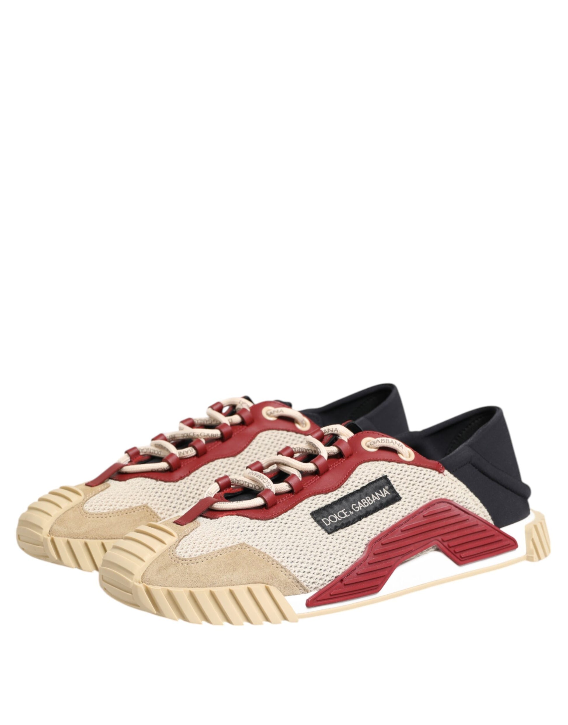 Red and beige sneakers with black laces, featuring a logo on the side