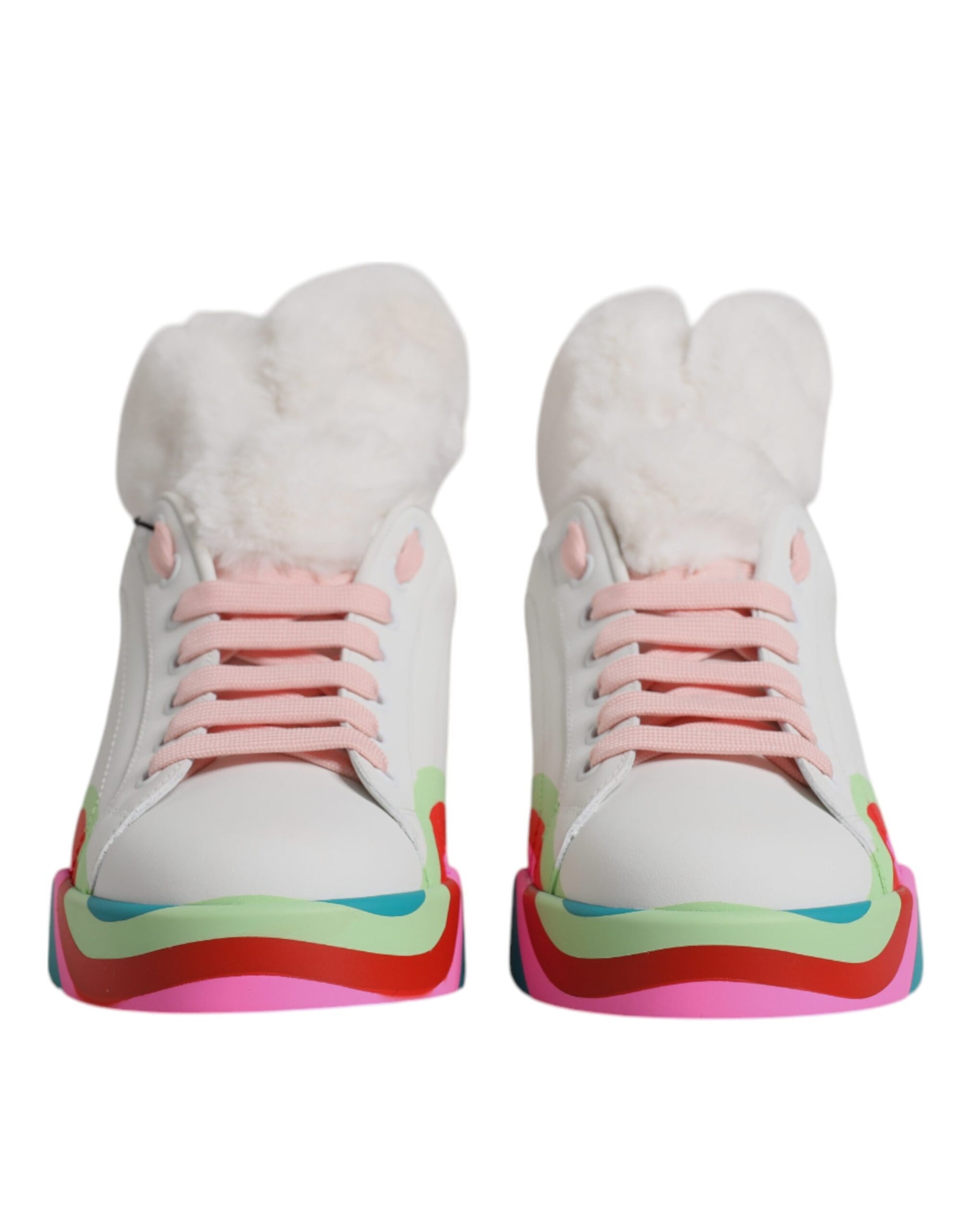 Pair of colorful sneakers with furry tops