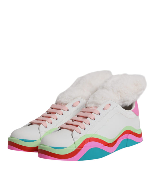 Pair of colorful sneakers with fur trim