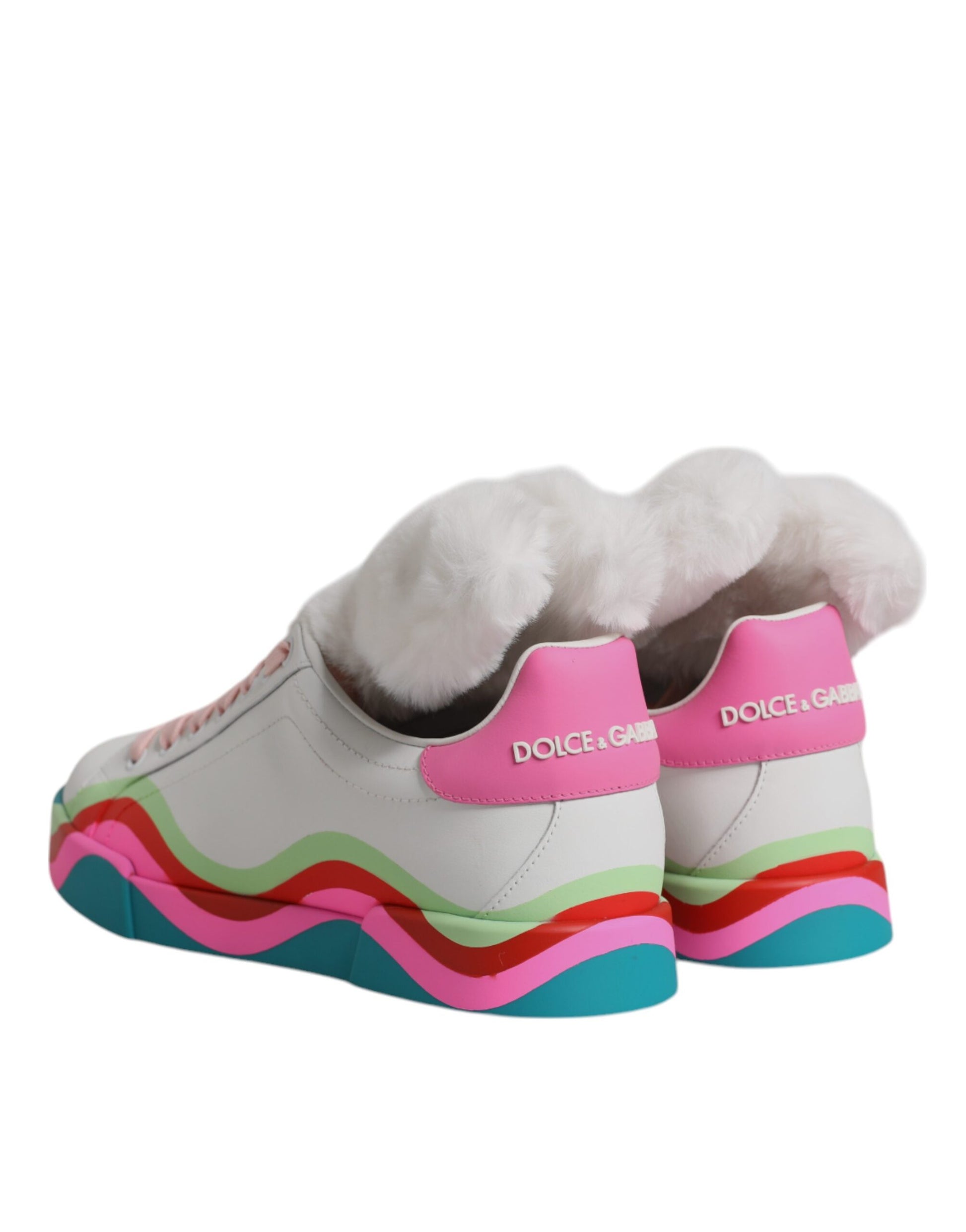 Pair of colorful sneakers with fur trim