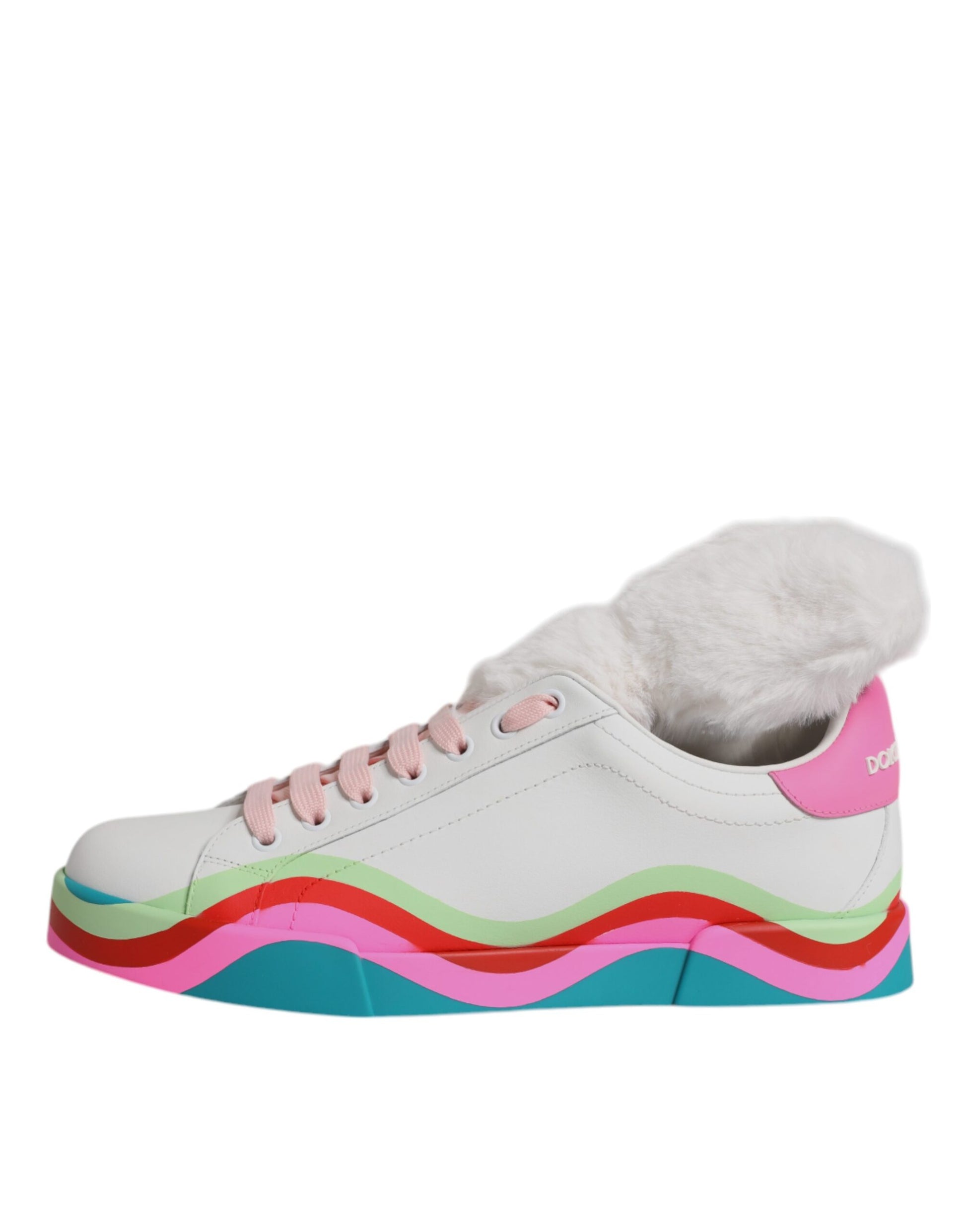 Pink and white sneakers with fur trim