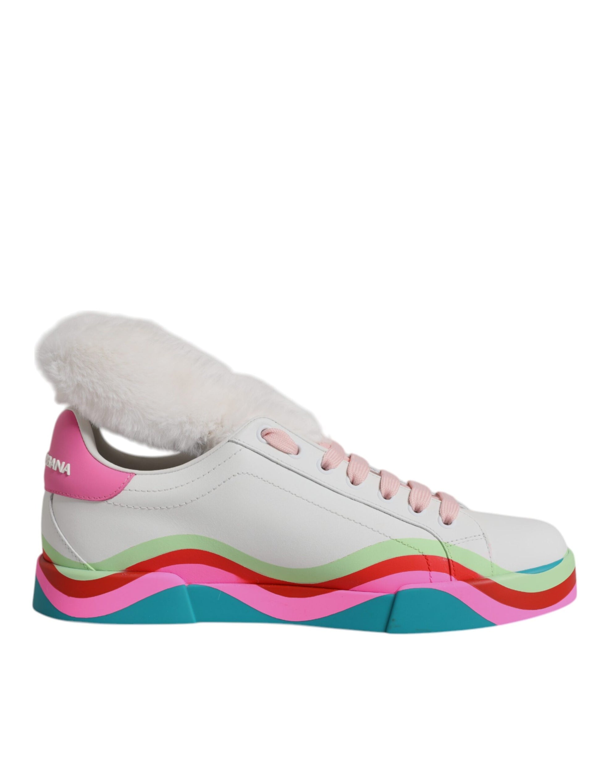 Pink, blue, green, and white sneaker with fur trim on top