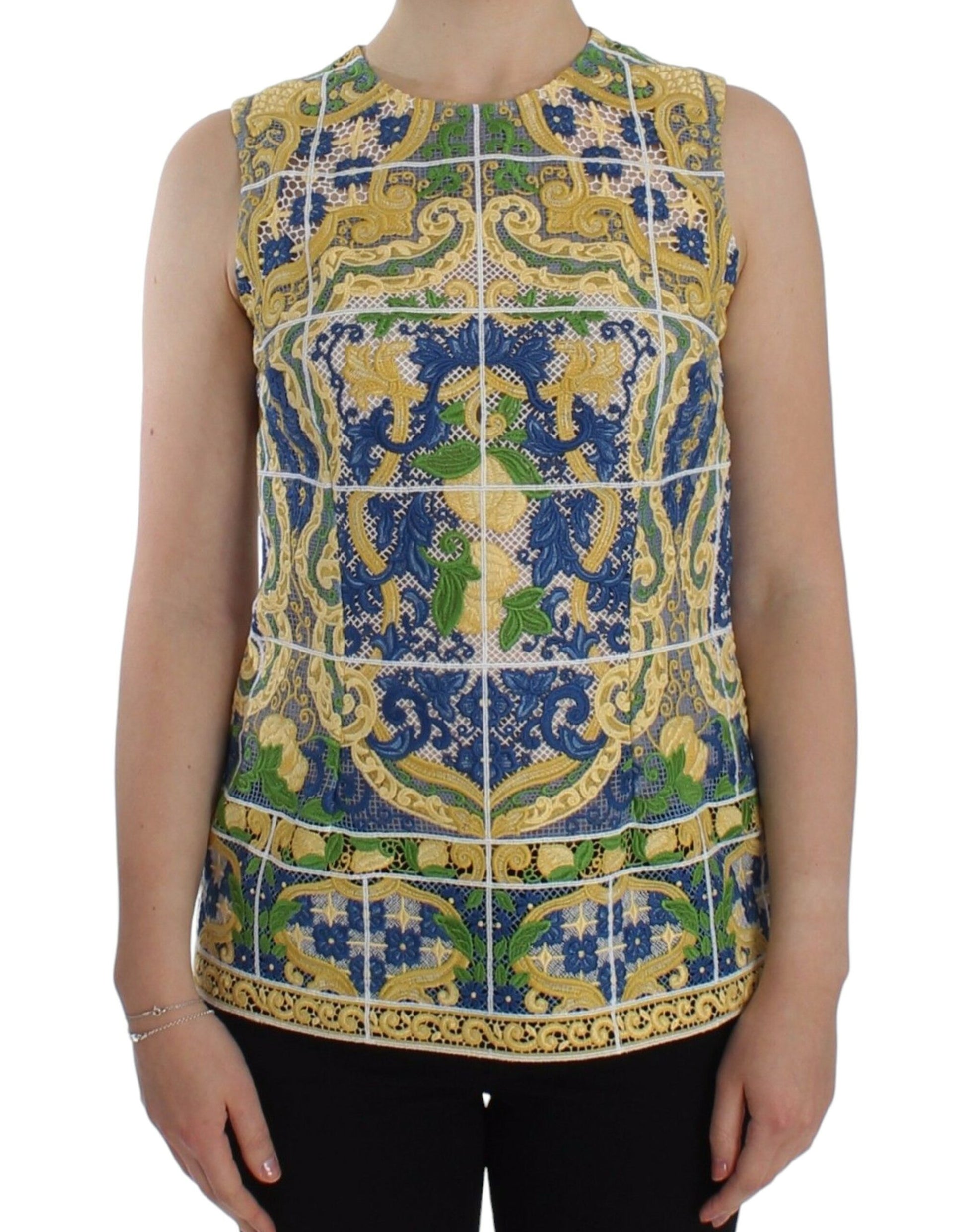 Decorative vest with intricate patterns in blue, yellow, and green on a white background