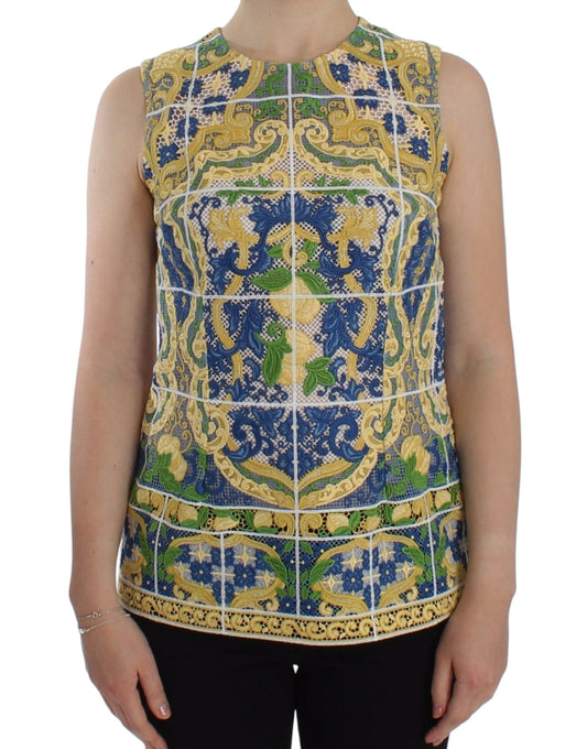Decorative vest with intricate patterns in blue, yellow, and green on a white background