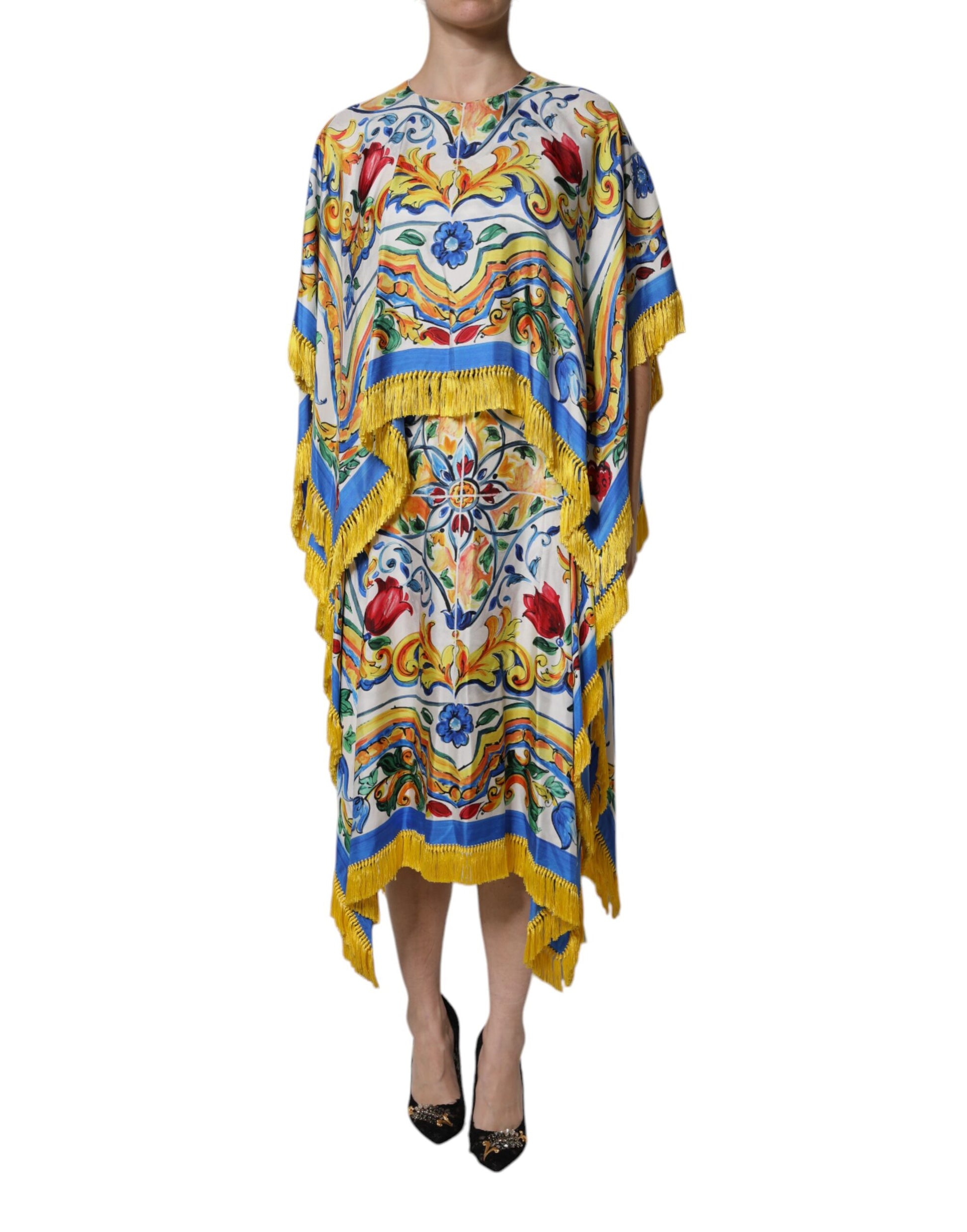 A long, colorful dress with a floral pattern and short sleeves