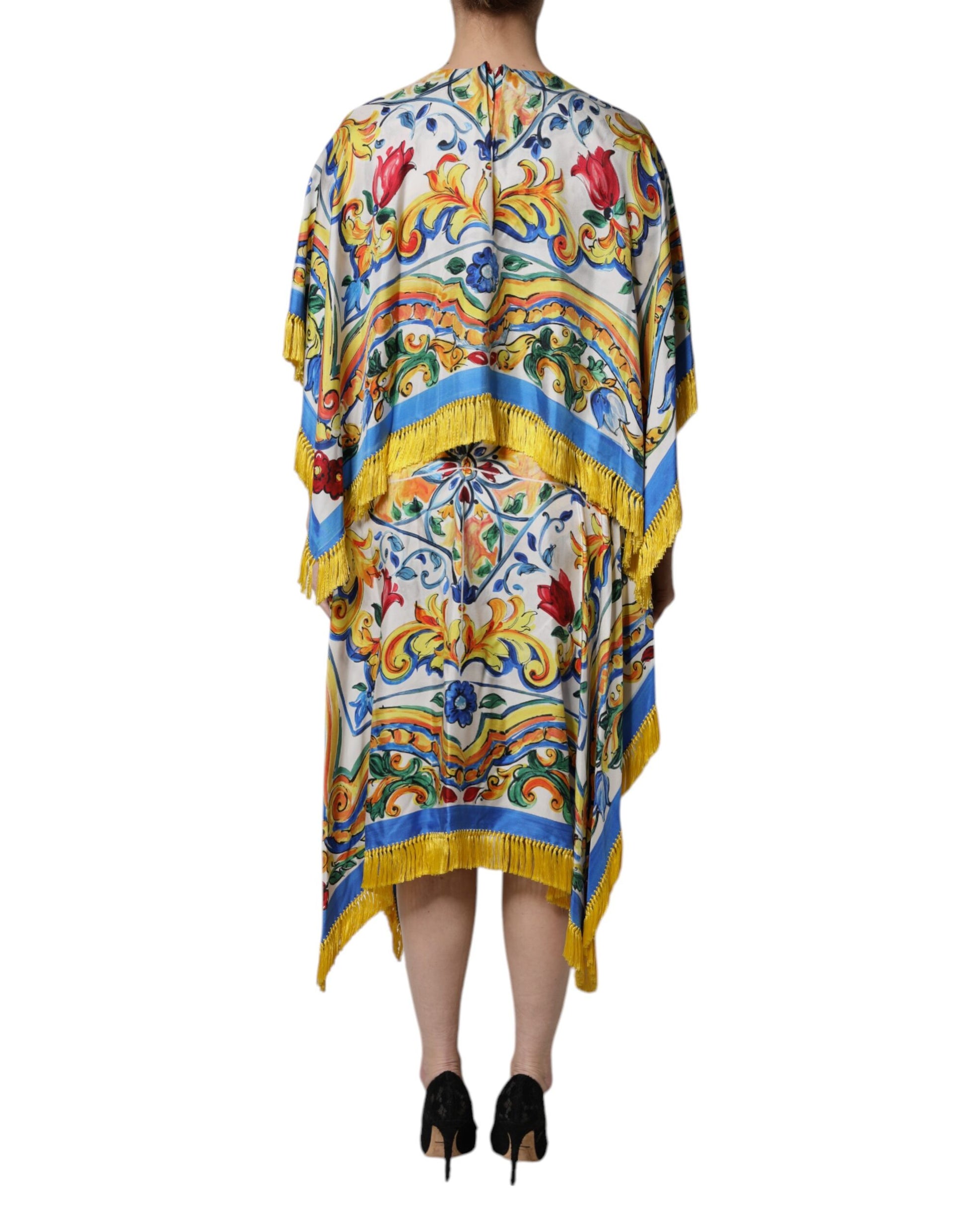 A colorful, patterned maxi dress with short sleeves