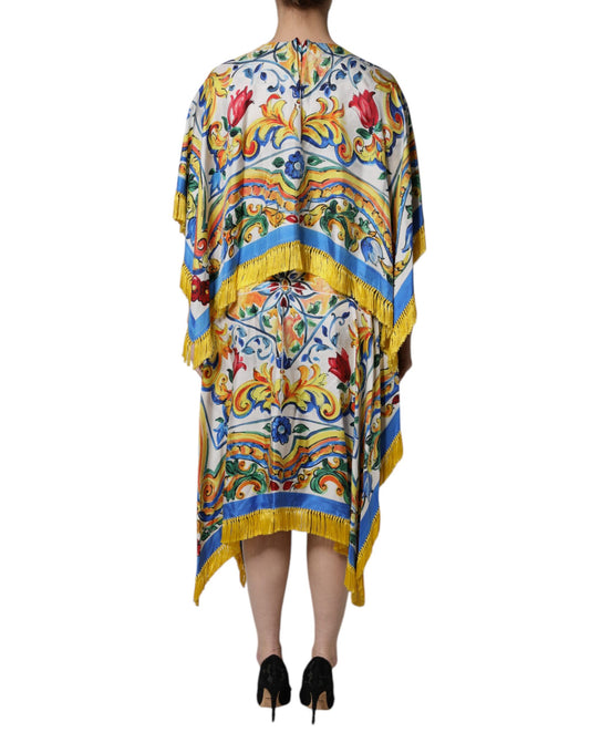 A colorful, patterned maxi dress with short sleeves