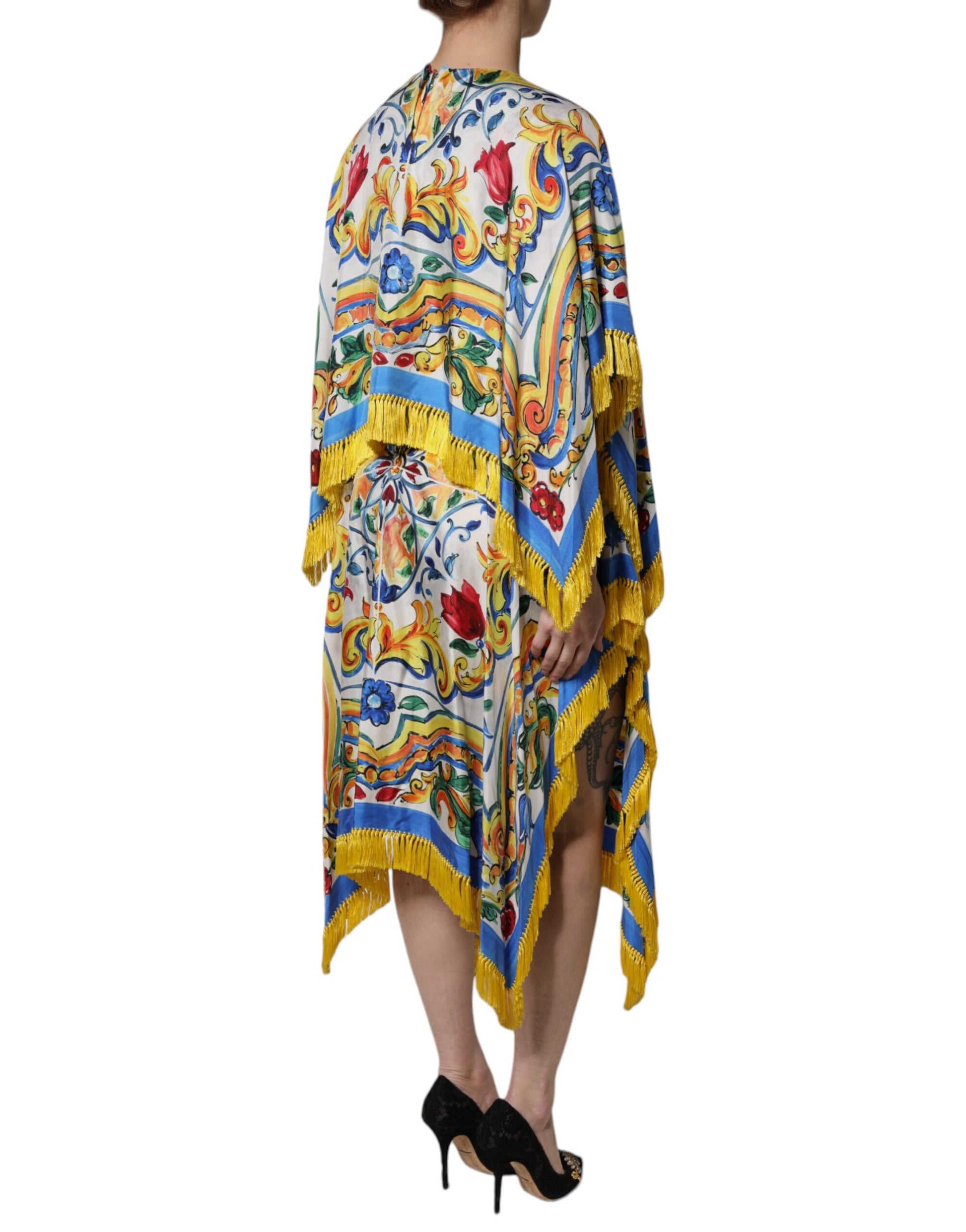 A colorful, long-sleeved maxi dress with a floral pattern