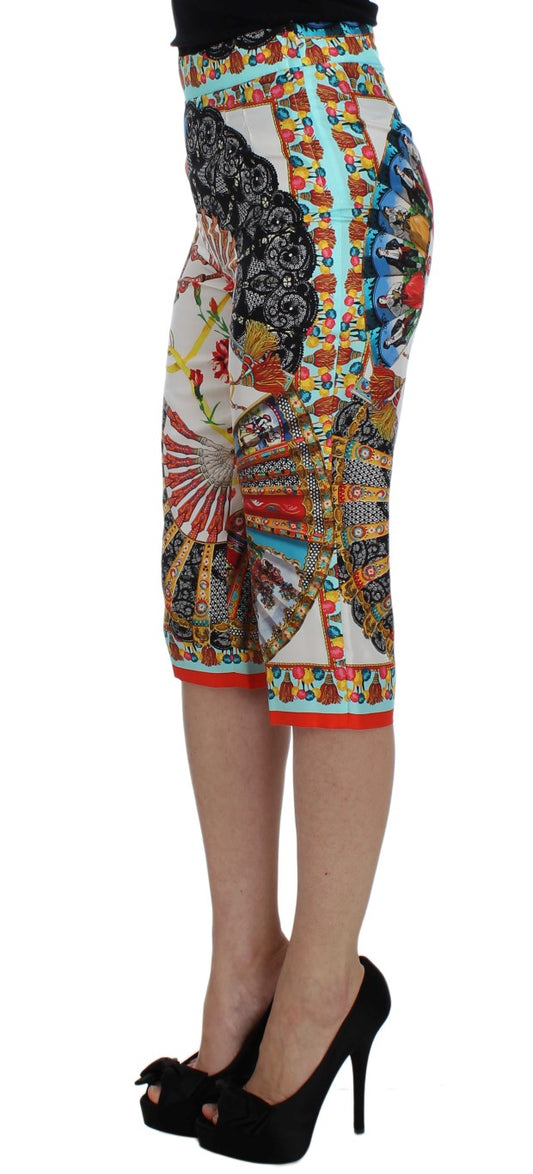 Colorful patterned skirt worn by a woman