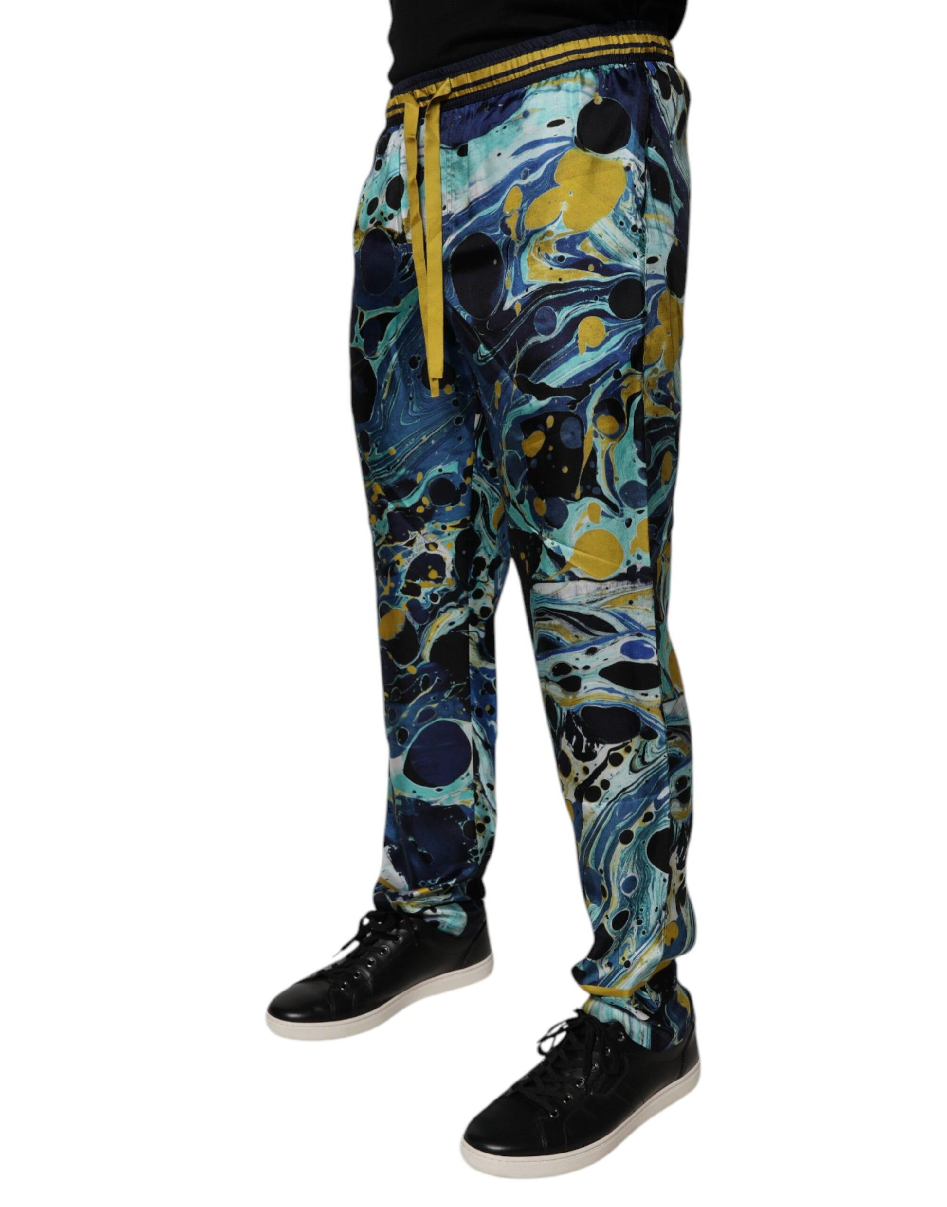 Man wearing pants with a colorful pattern