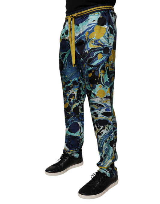 Man wearing pants with a colorful pattern