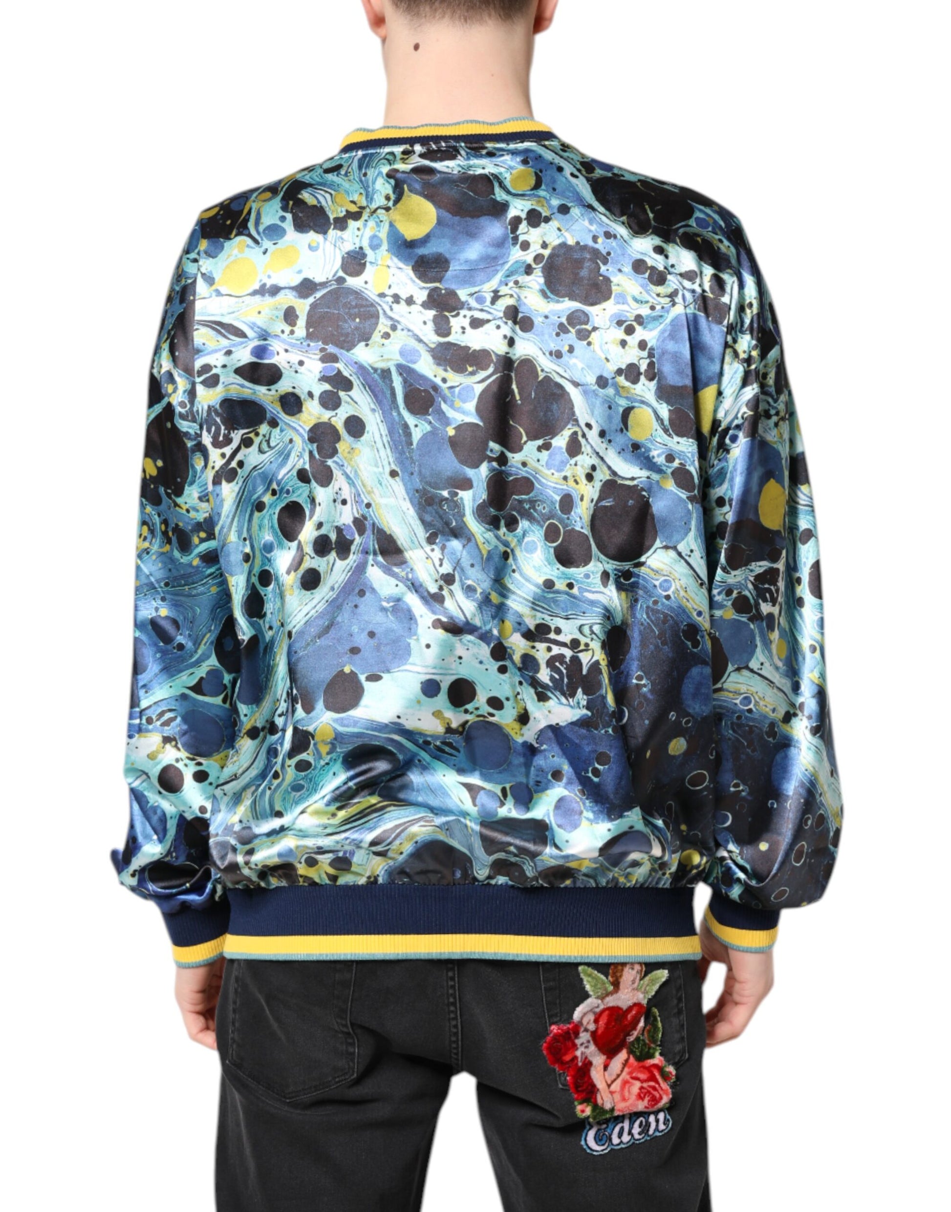 Colorful jacket with blue and black design on back