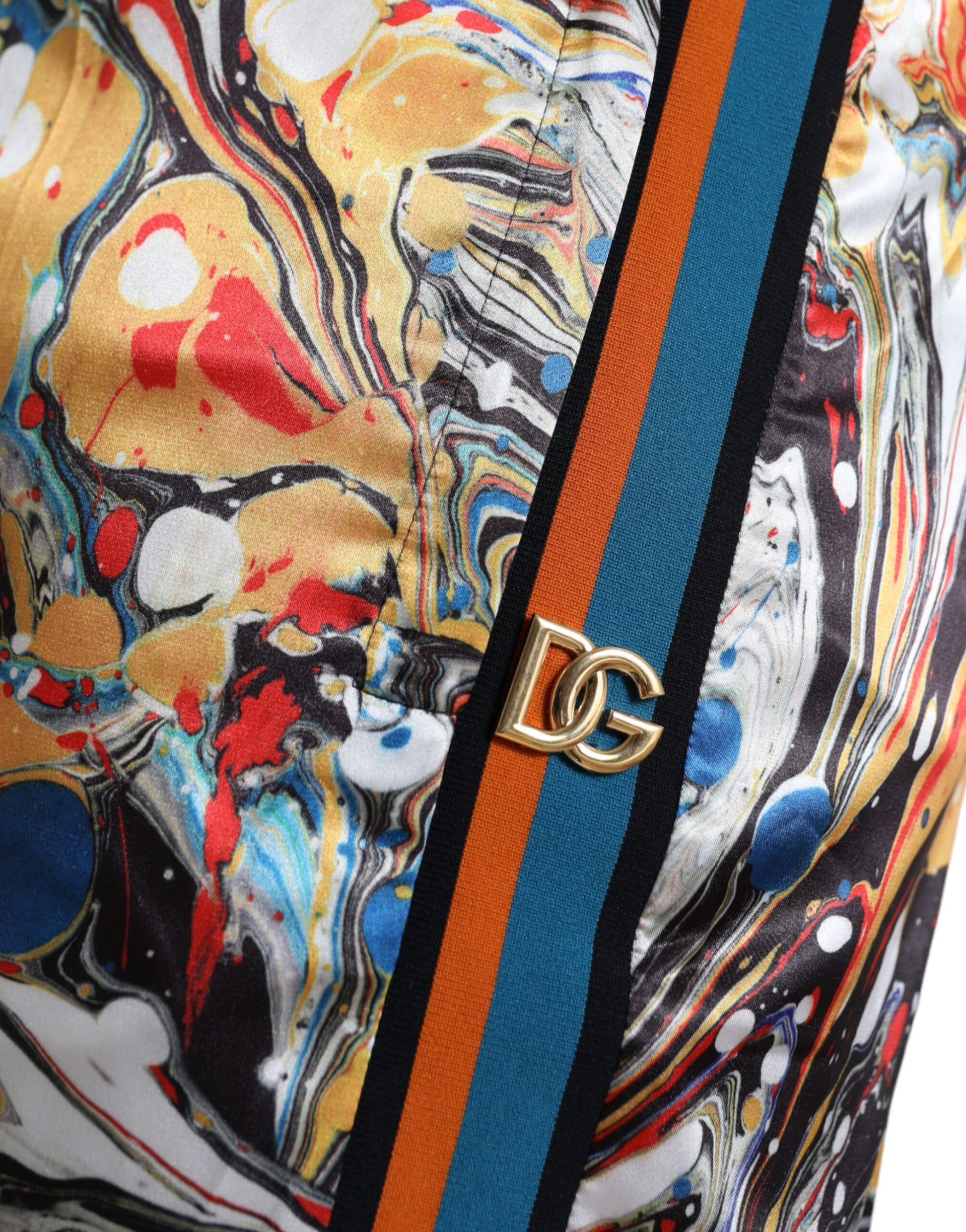 Colorful scarf with a blue stripe and a gold logo