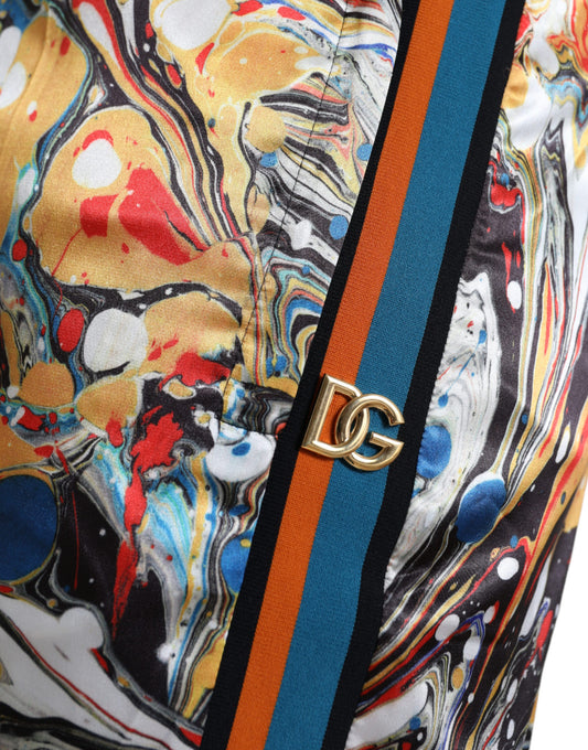 Colorful scarf with a blue stripe and a gold logo
