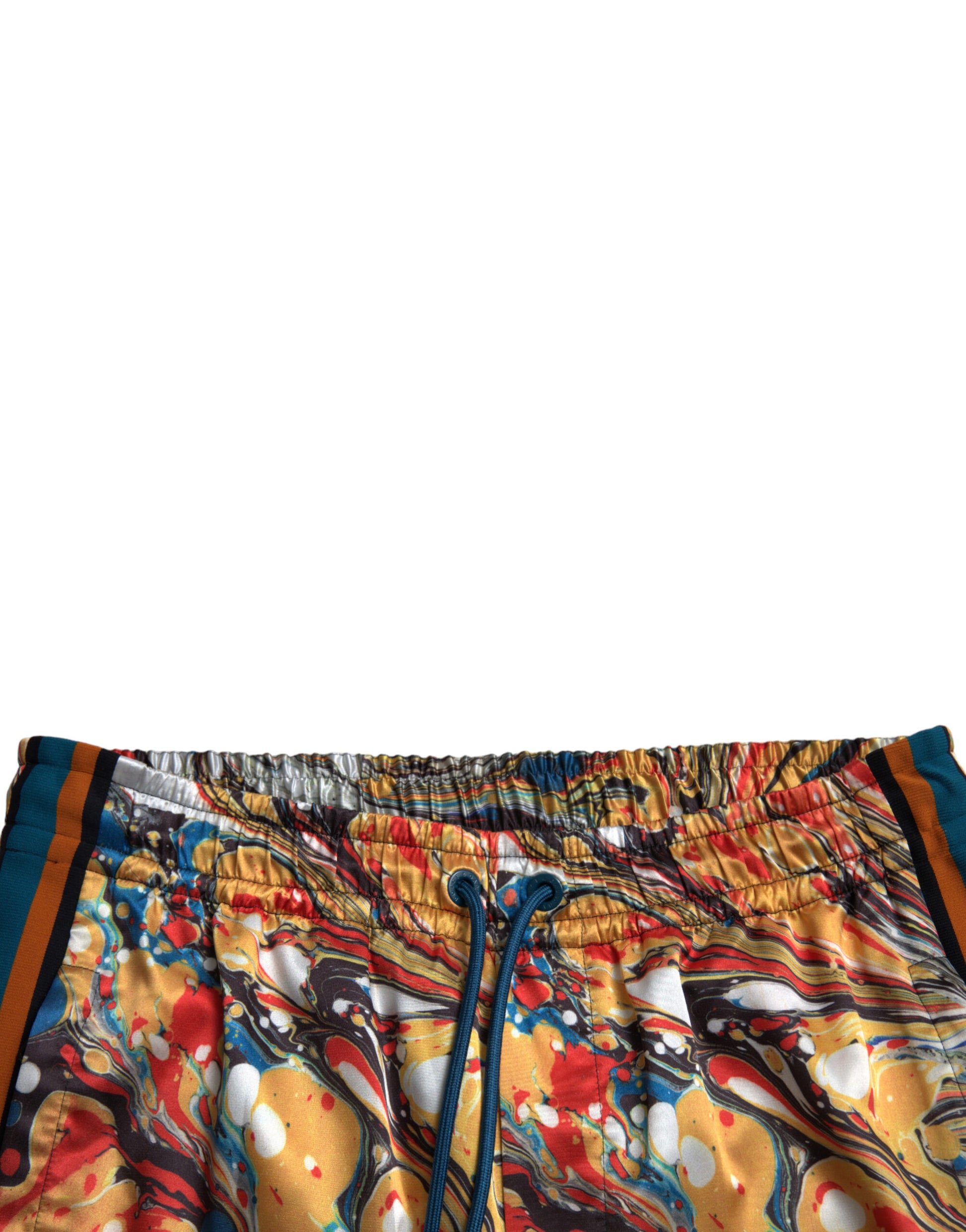 Colorful swim trunks with a tie dye pattern