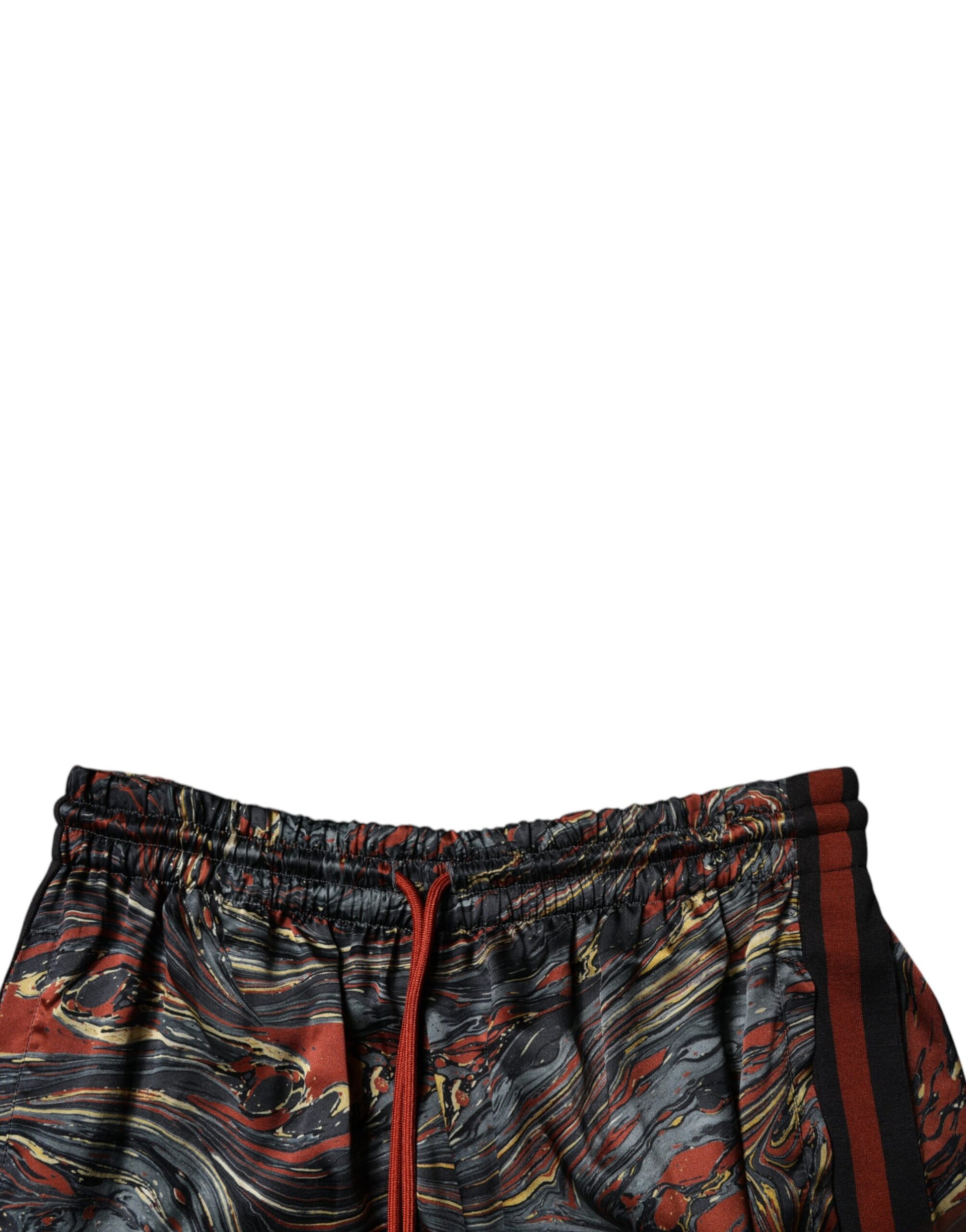 Red and black shorts with a marbled pattern