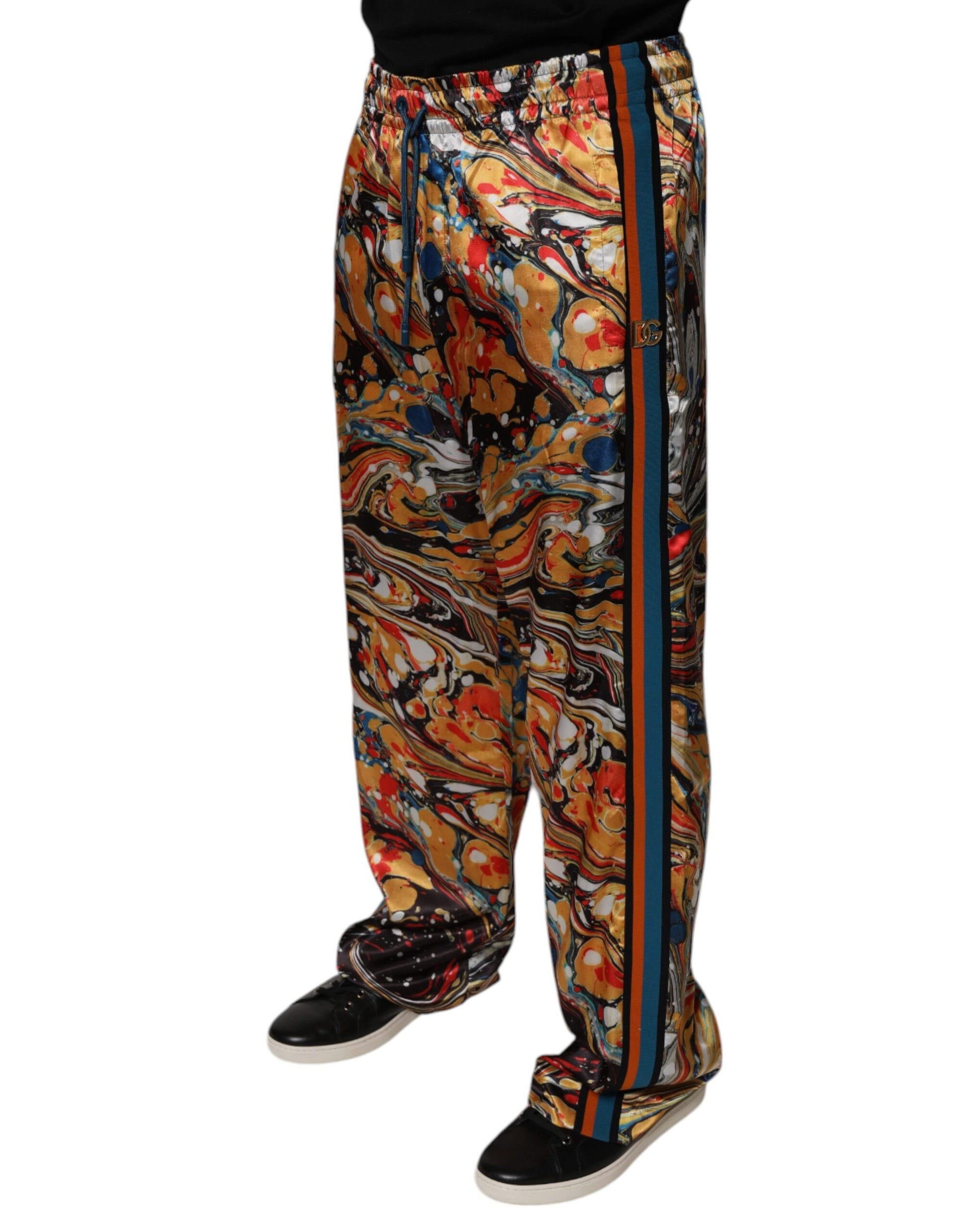 Colorful patterned pants with blue stripe on side