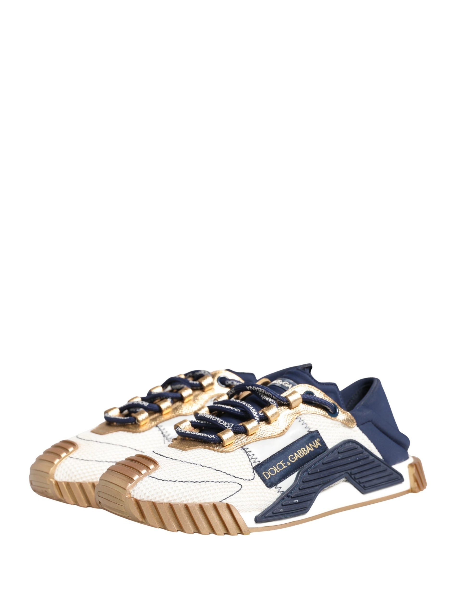 Pair of sneakers with white laces and blue accents