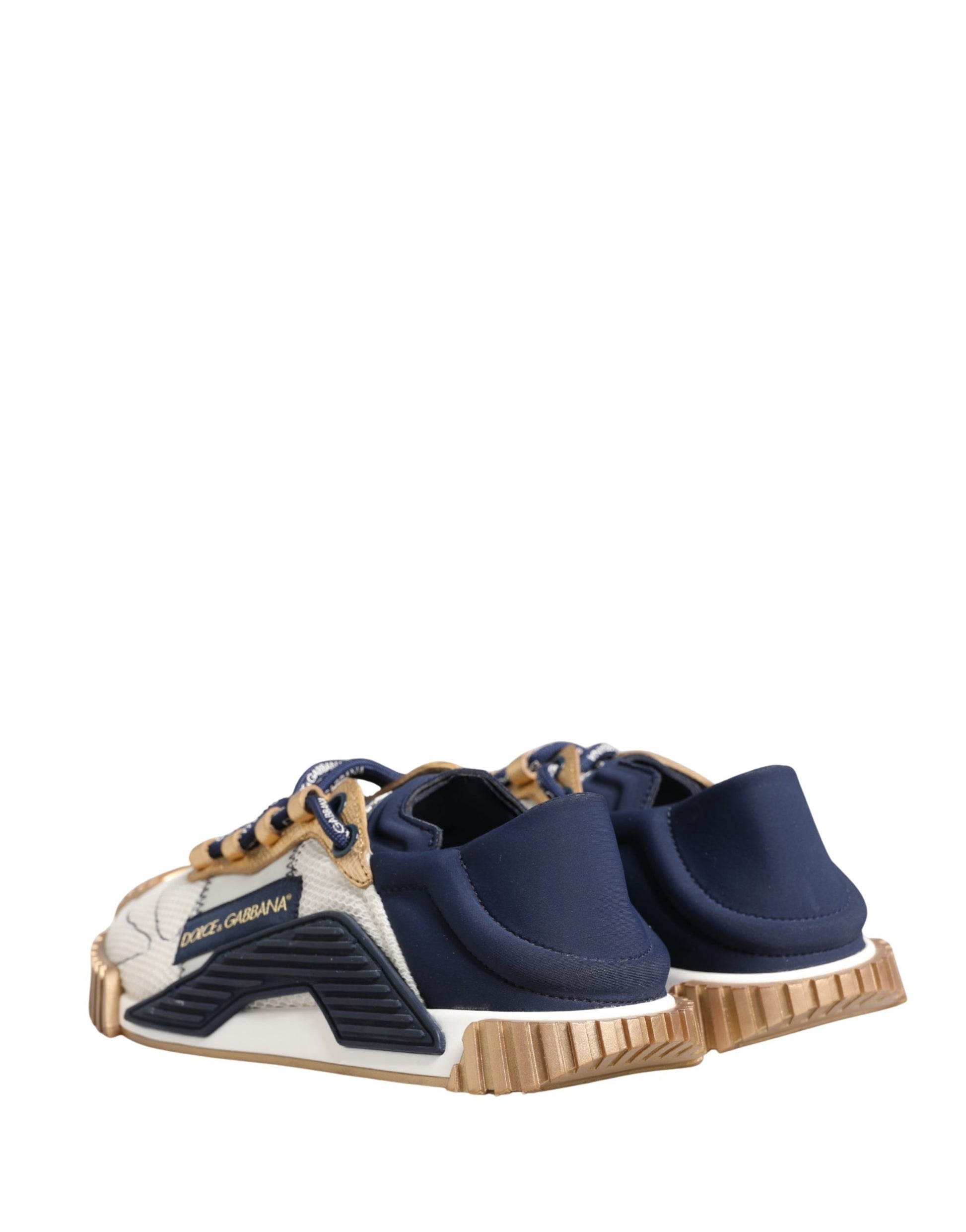 Pair of blue and white sneakers with yellow laces