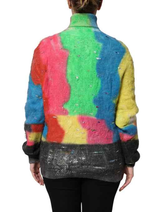 Colorful knitted sweater with rainbow stripes on back