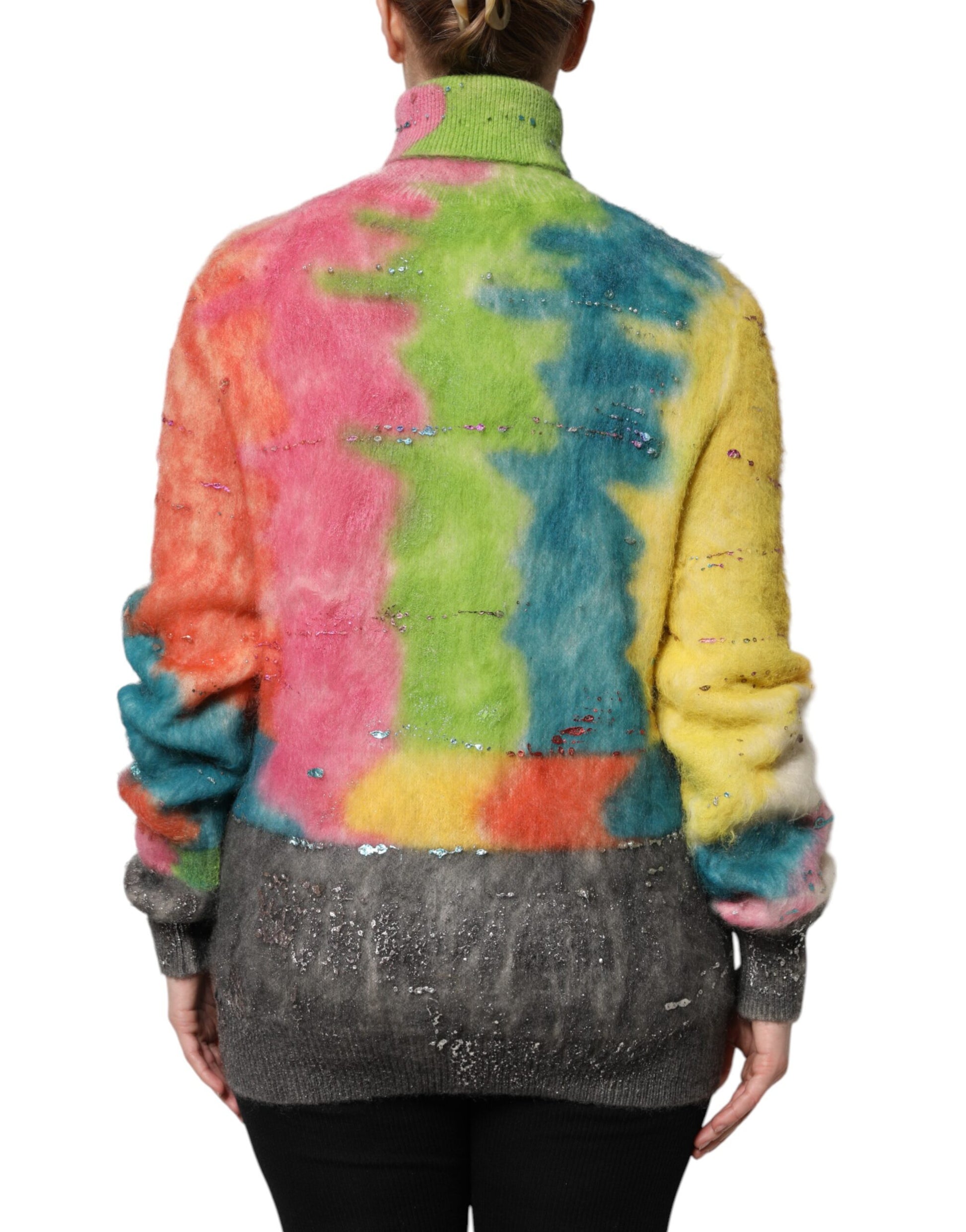 Colorful tie dye sweater with glittery accents