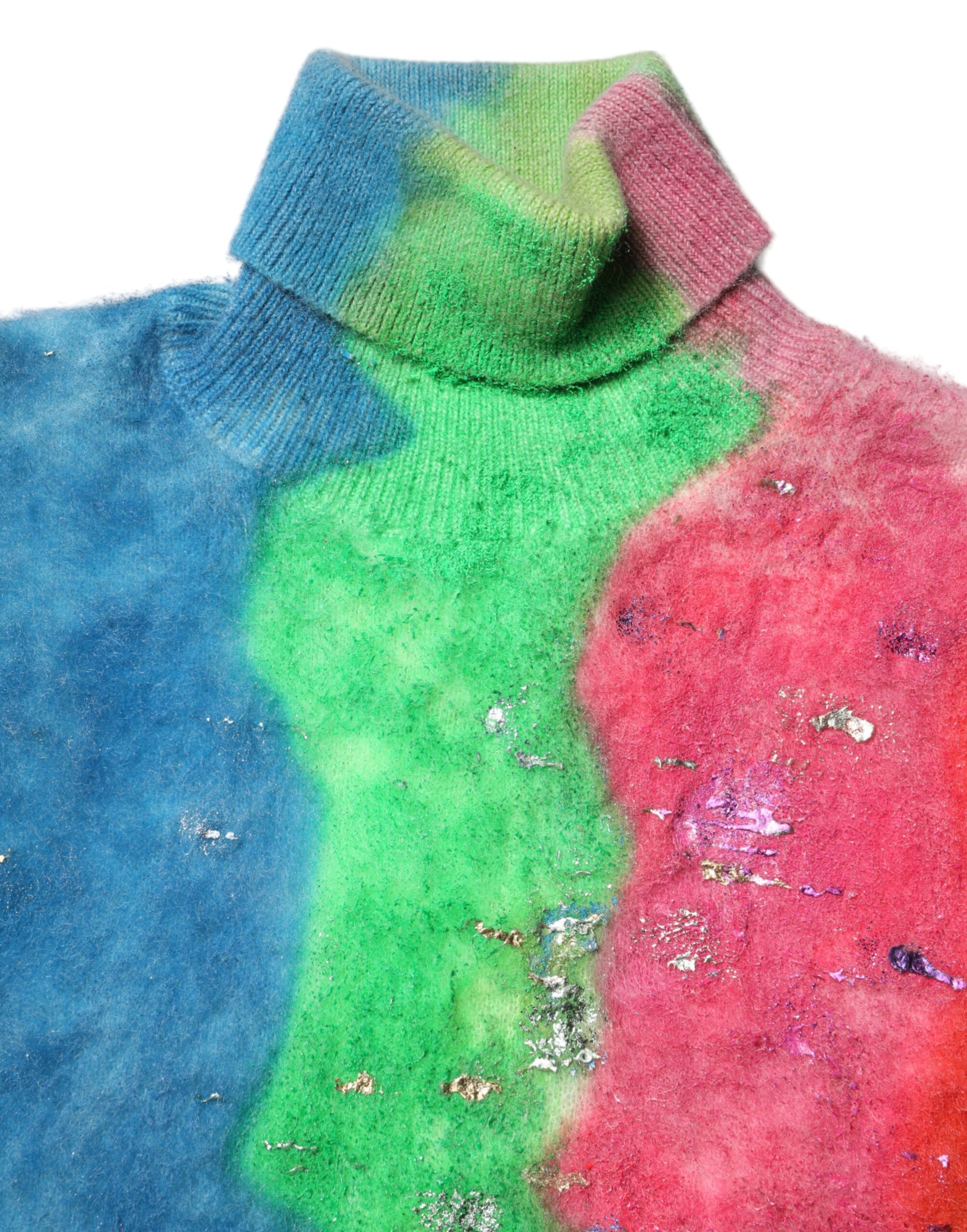 Colorful knit sweater with rainbow stripes and sparkles
