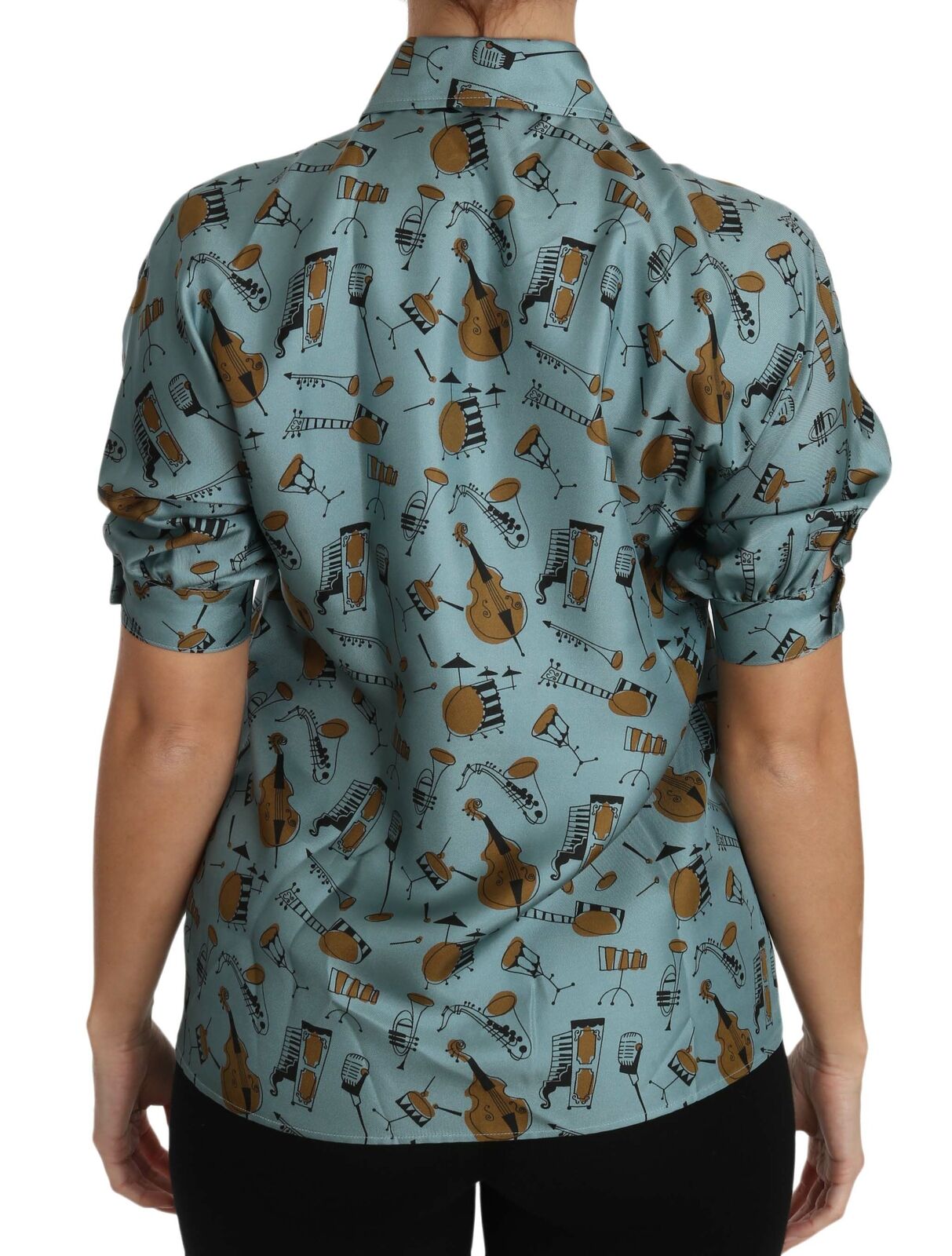 Blue shirt with musical notes pattern on back