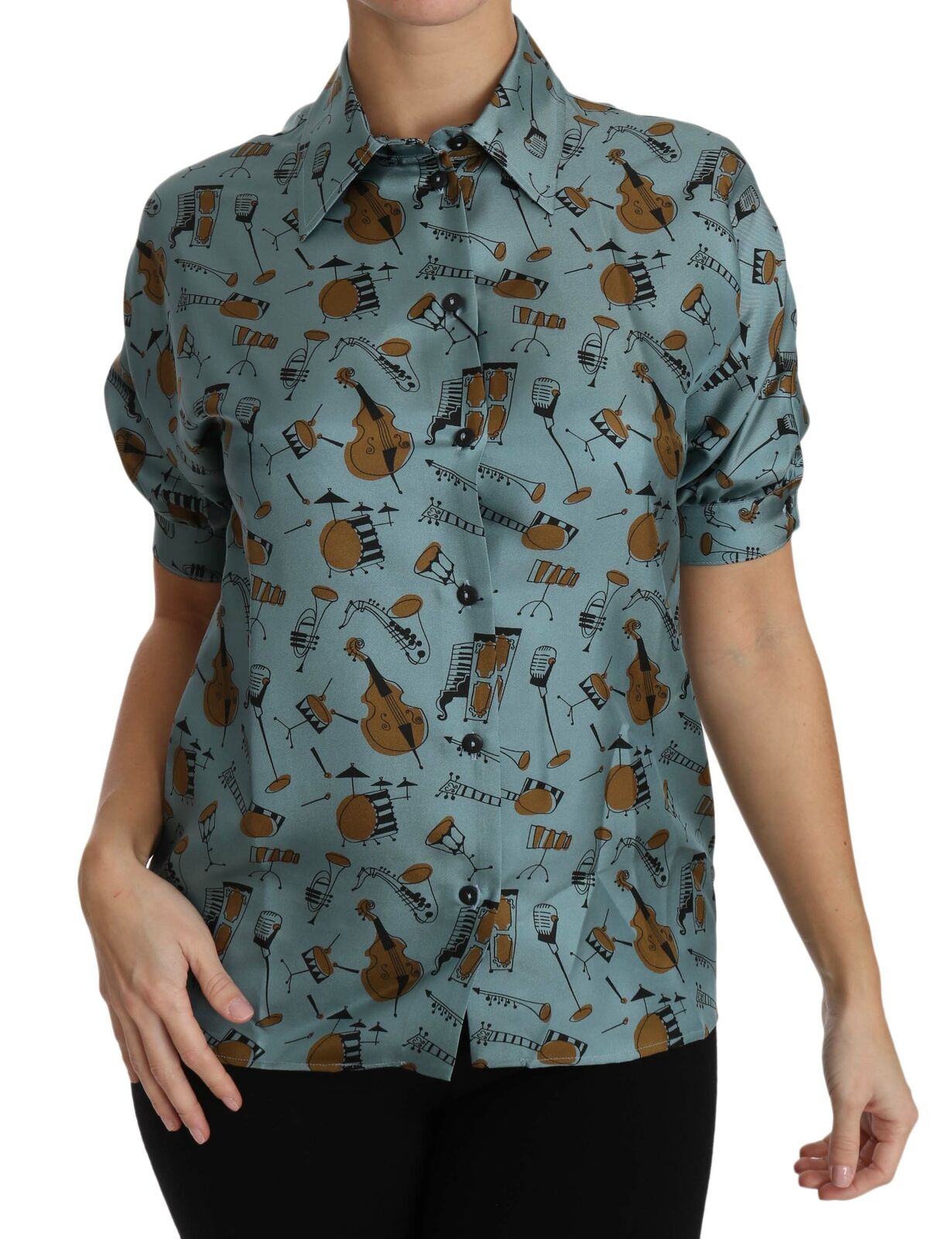 Woman wearing a shirt with guitar design