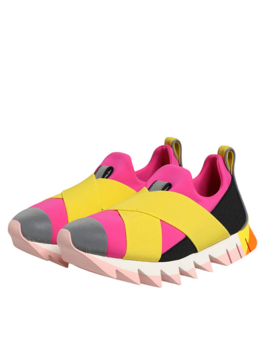 Pink yellow and black sneakers with a unique design