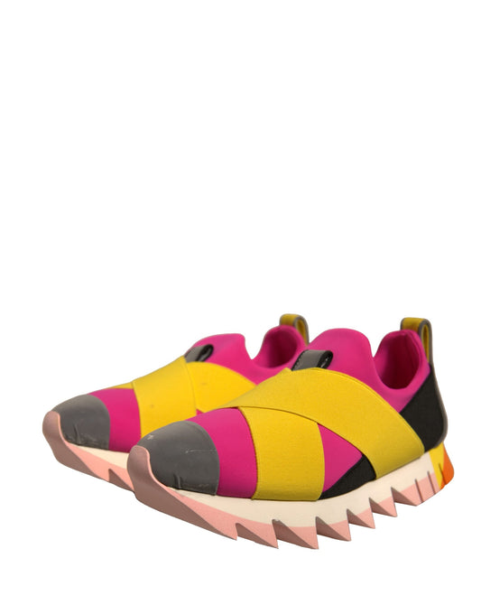 Colorful sneakers with pink, yellow, and black accents
