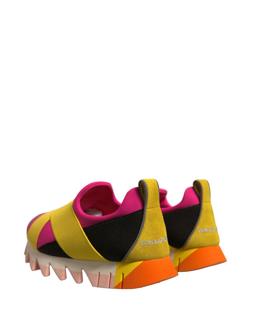 Pink, yellow, and black sneakers with a unique design