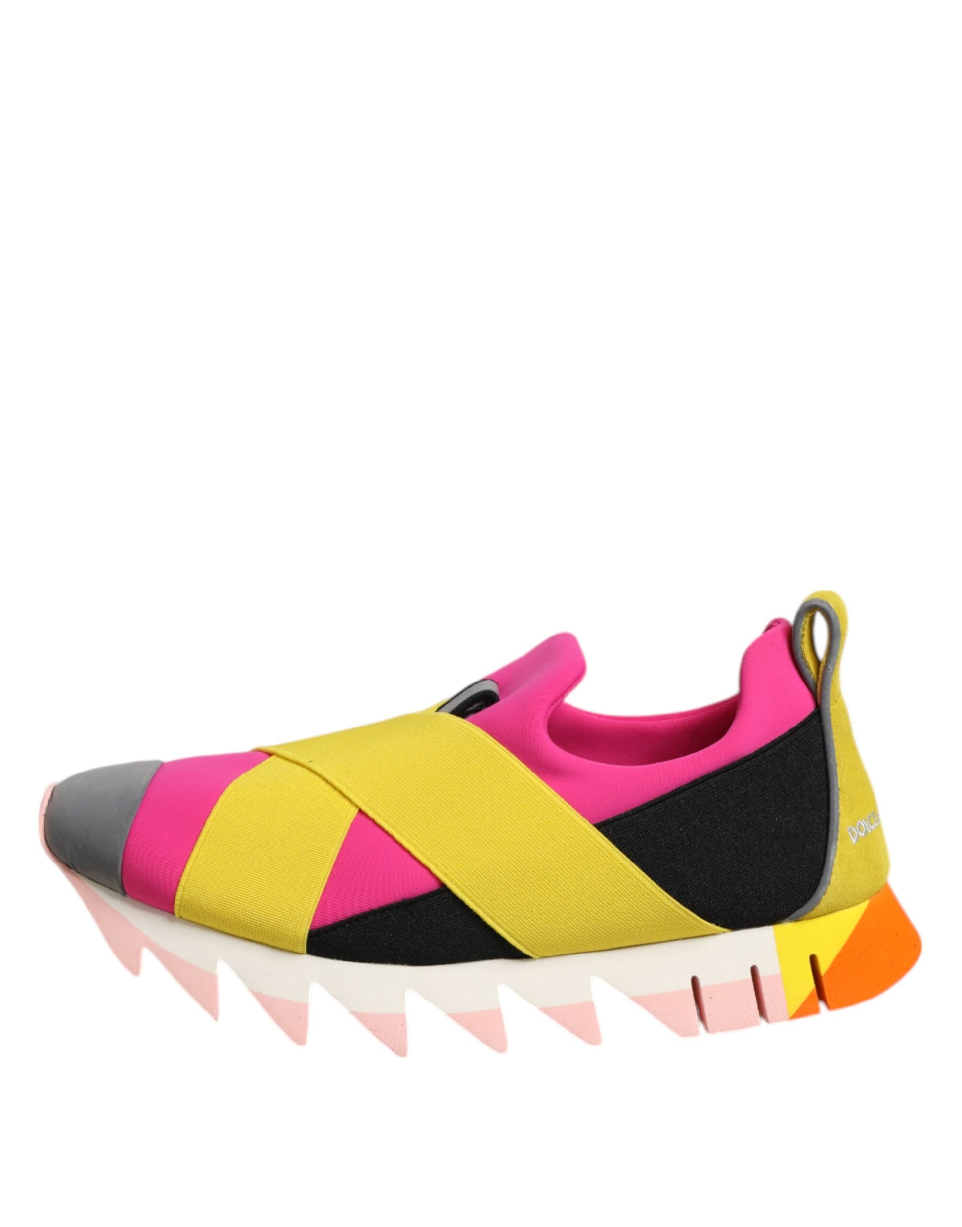 Colorful athletic shoe with pink, yellow, black, and orange accents