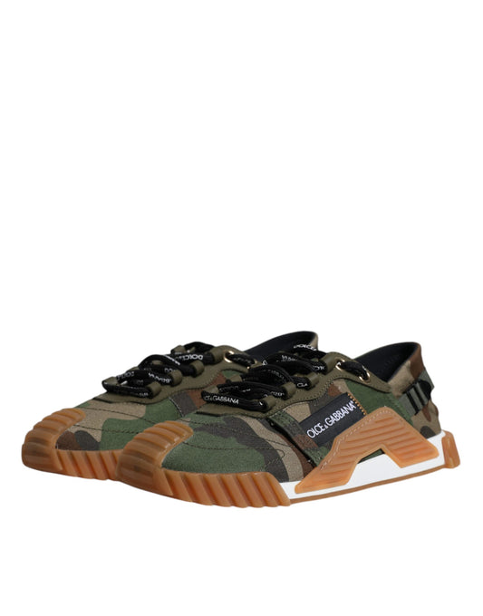 Camouflage patterned sneakers with black laces and a white sole