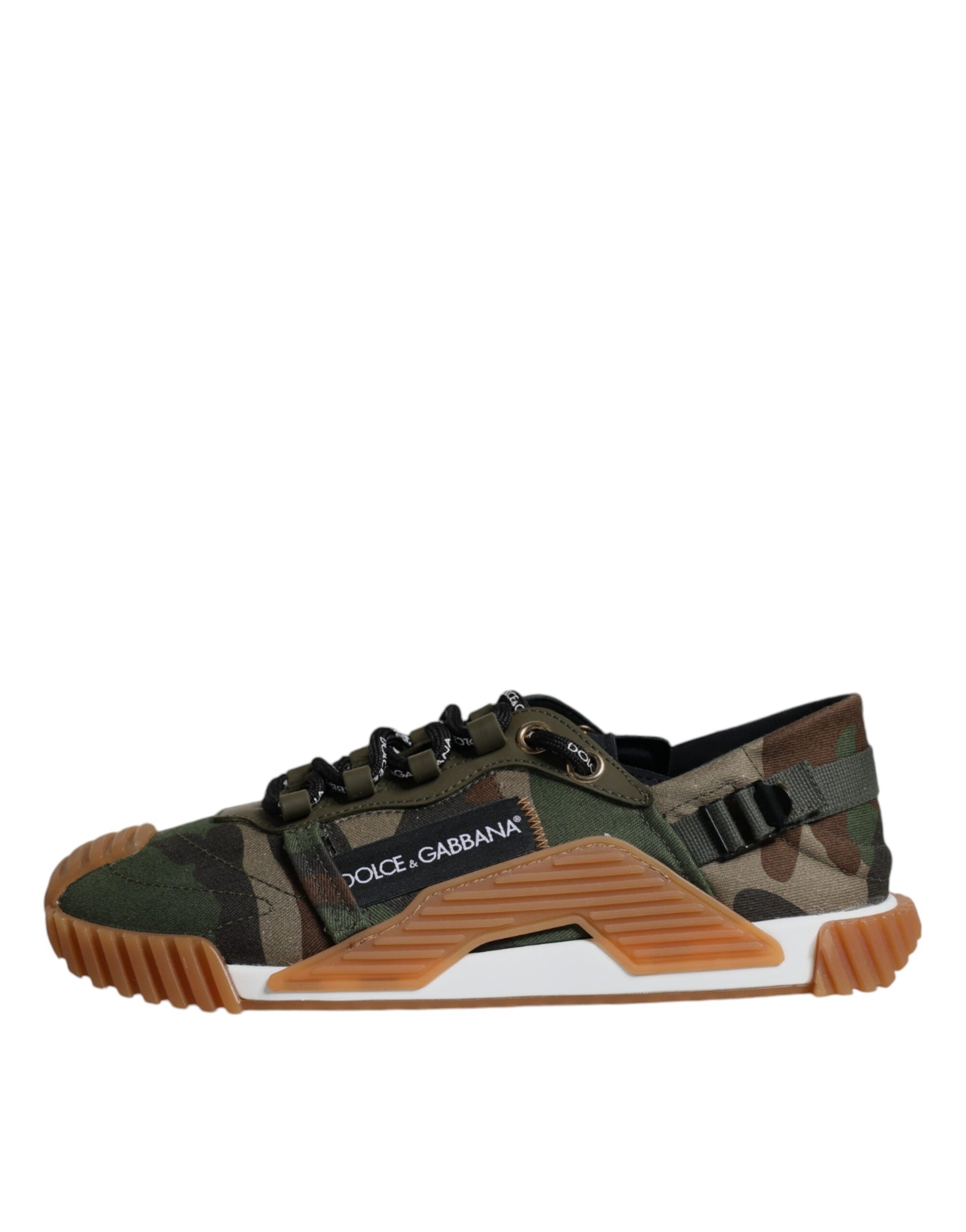 Camouflage print sneakers with black laces and a white sole