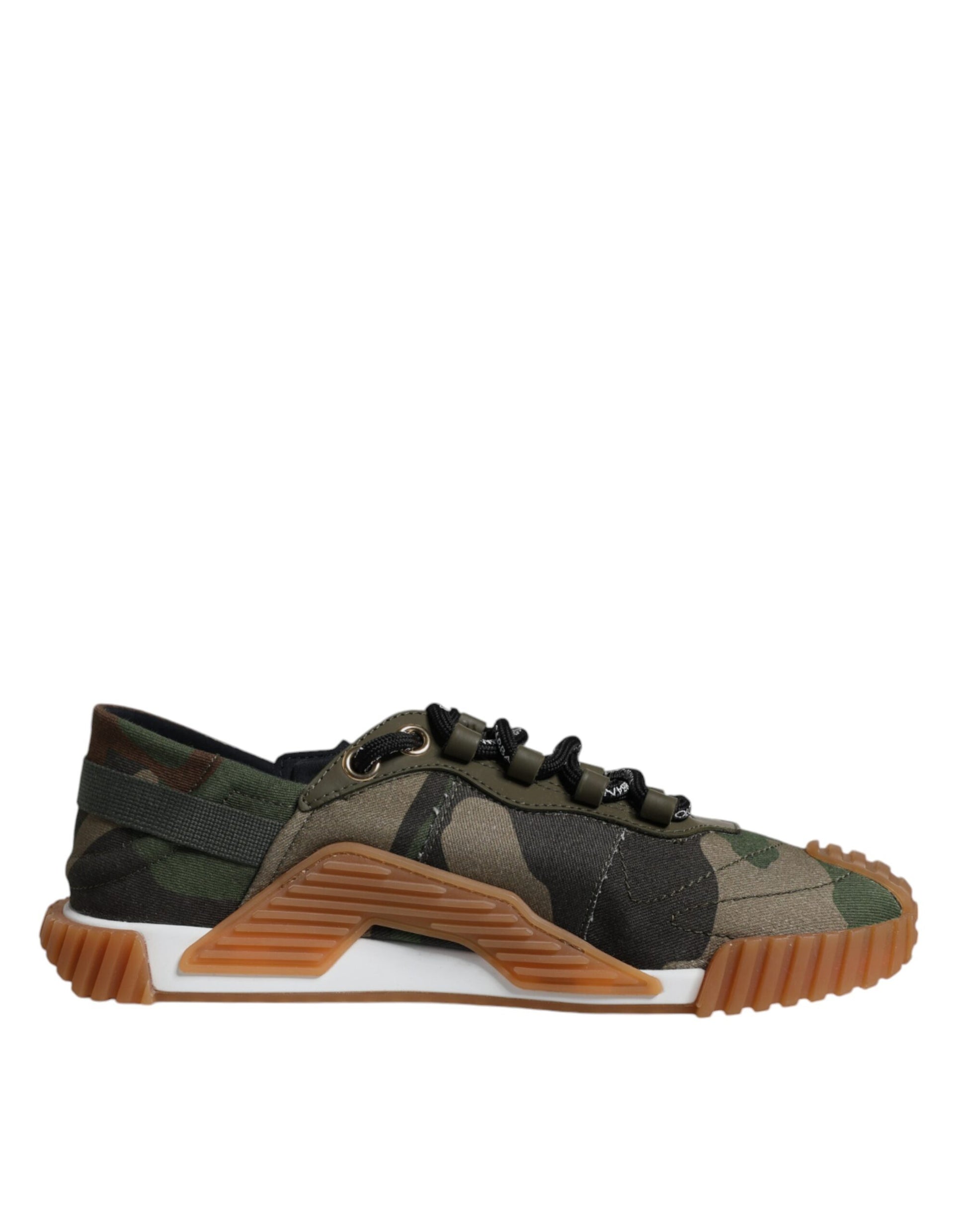 Camouflage patterned sneakers with orange soles, featuring laces and a low top design