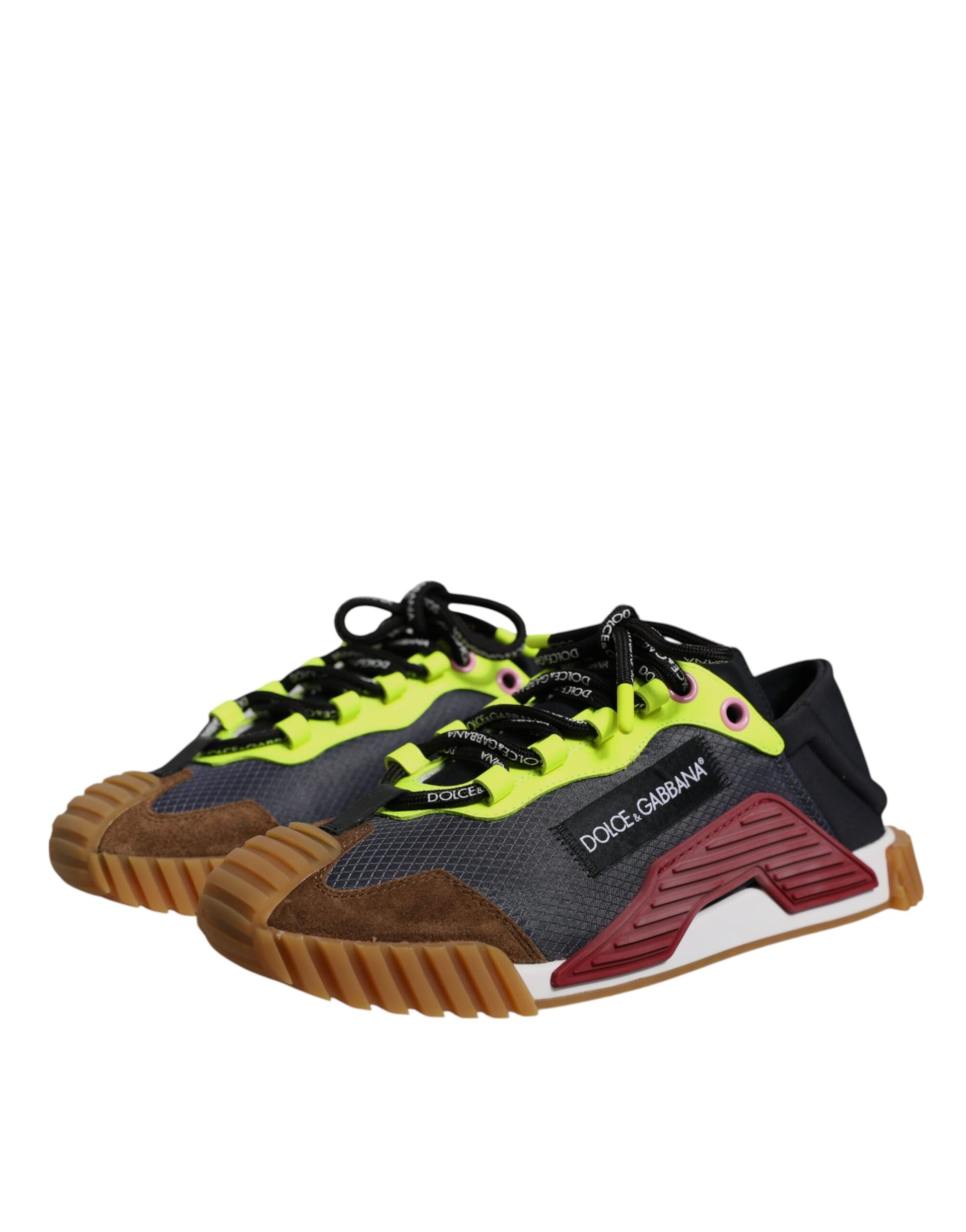 A pair of multicolored nylon sneakers with a low top, featuring the brand name "Dolce & Gabbana" on the side