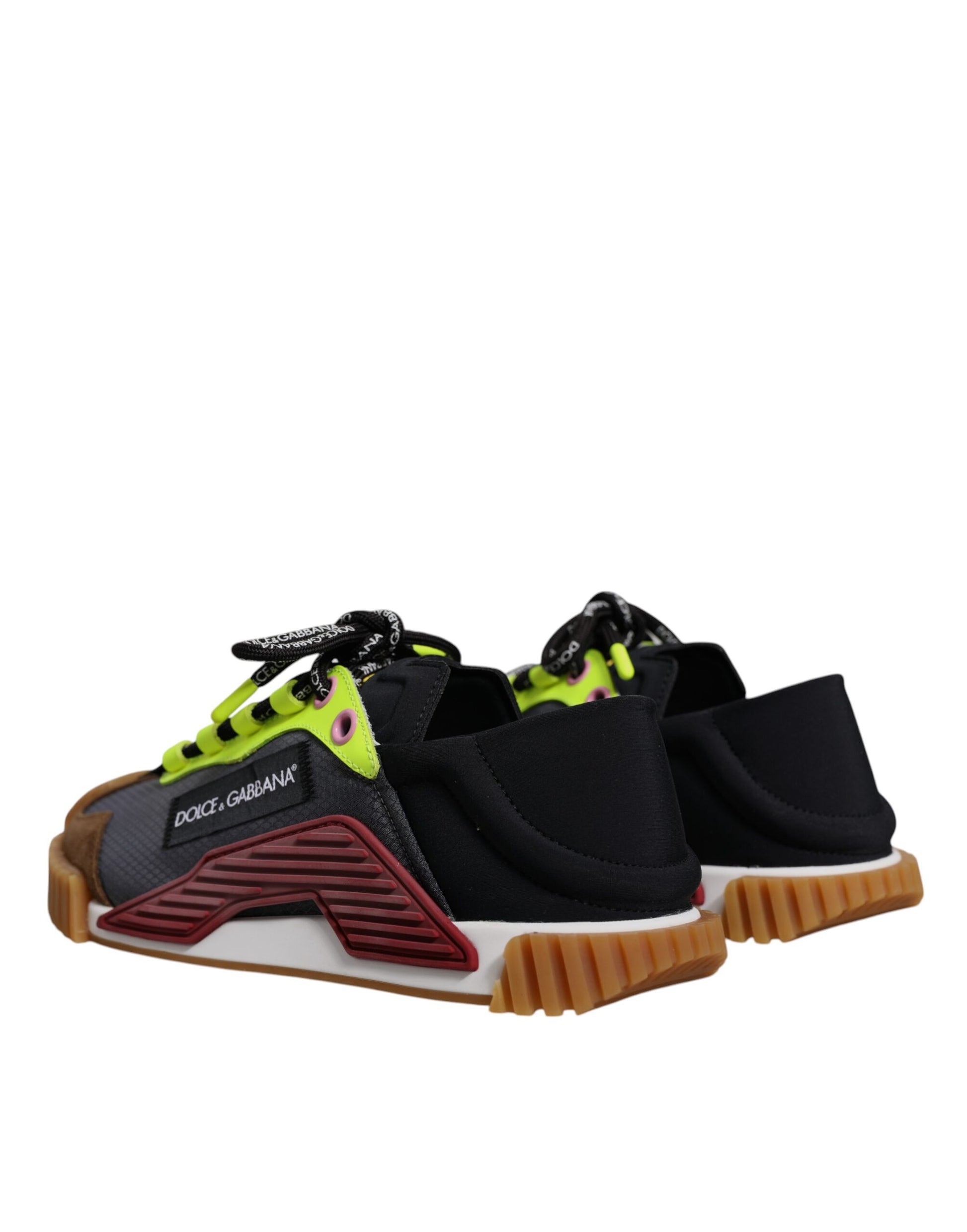 Black, yellow, red, and white sneakers with a chunky sole