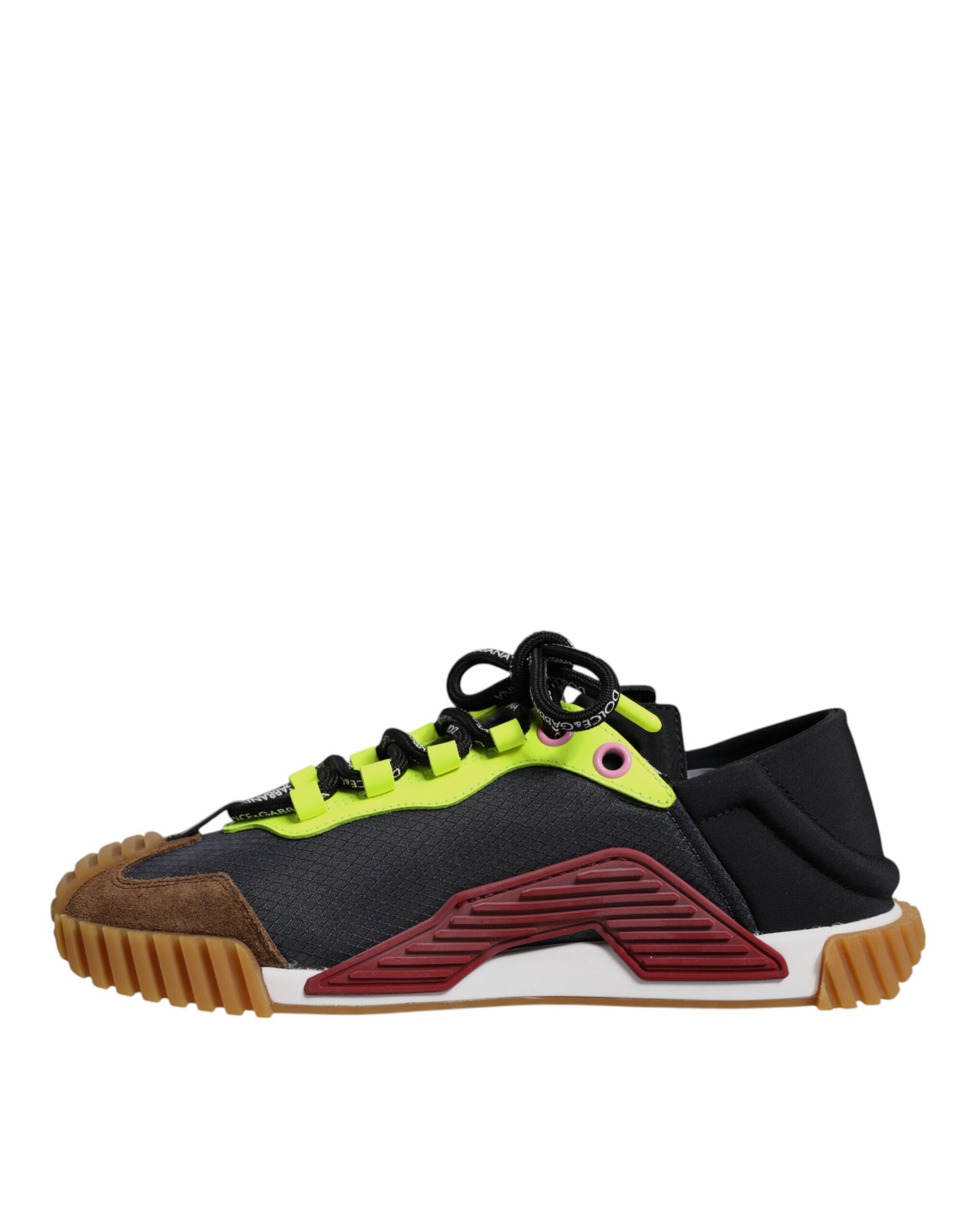 A pair of multicolored nylon sneakers with a low top, featuring a black and red design