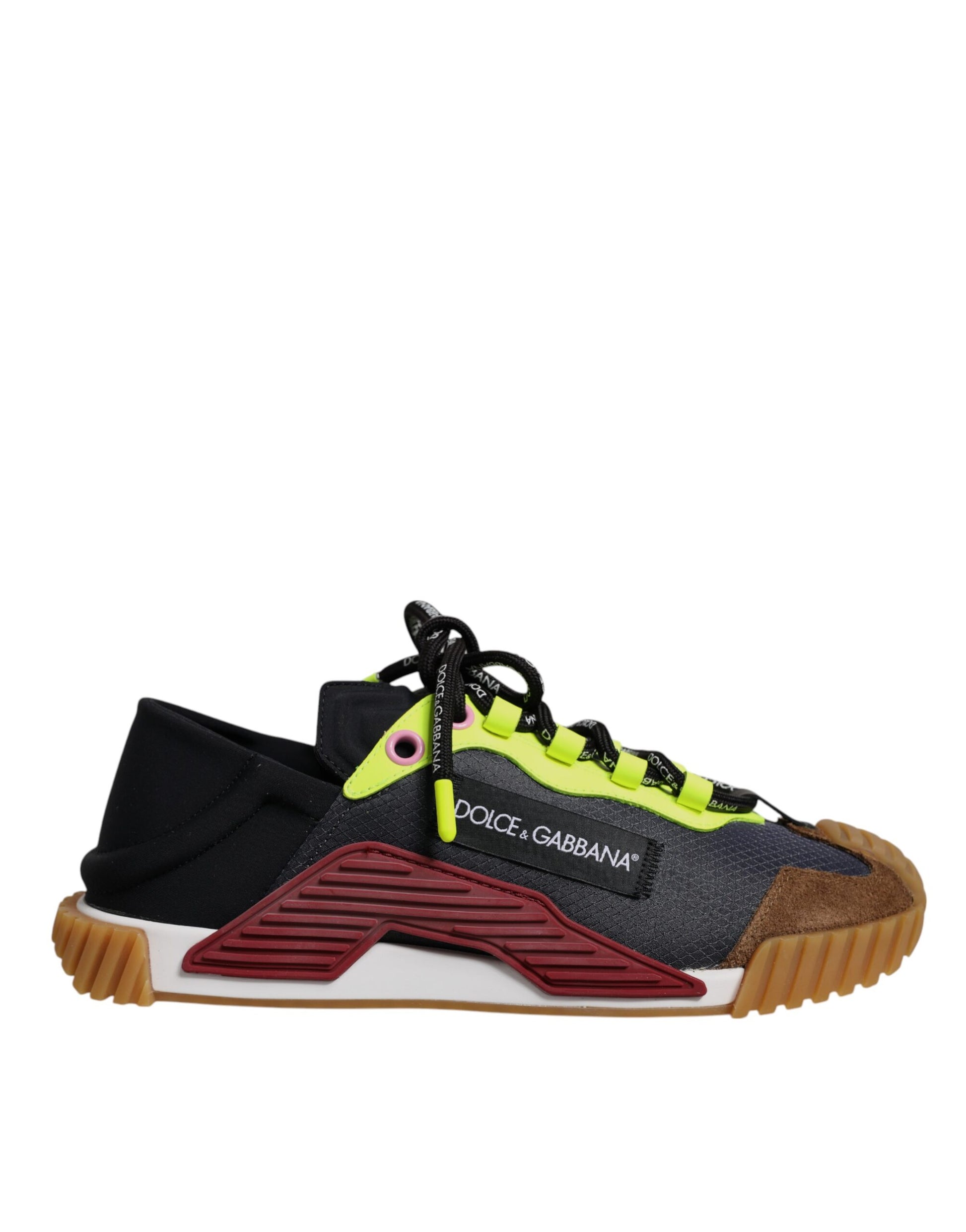 Black, yellow, red, white nylon sneakers with laces and a logo on the side