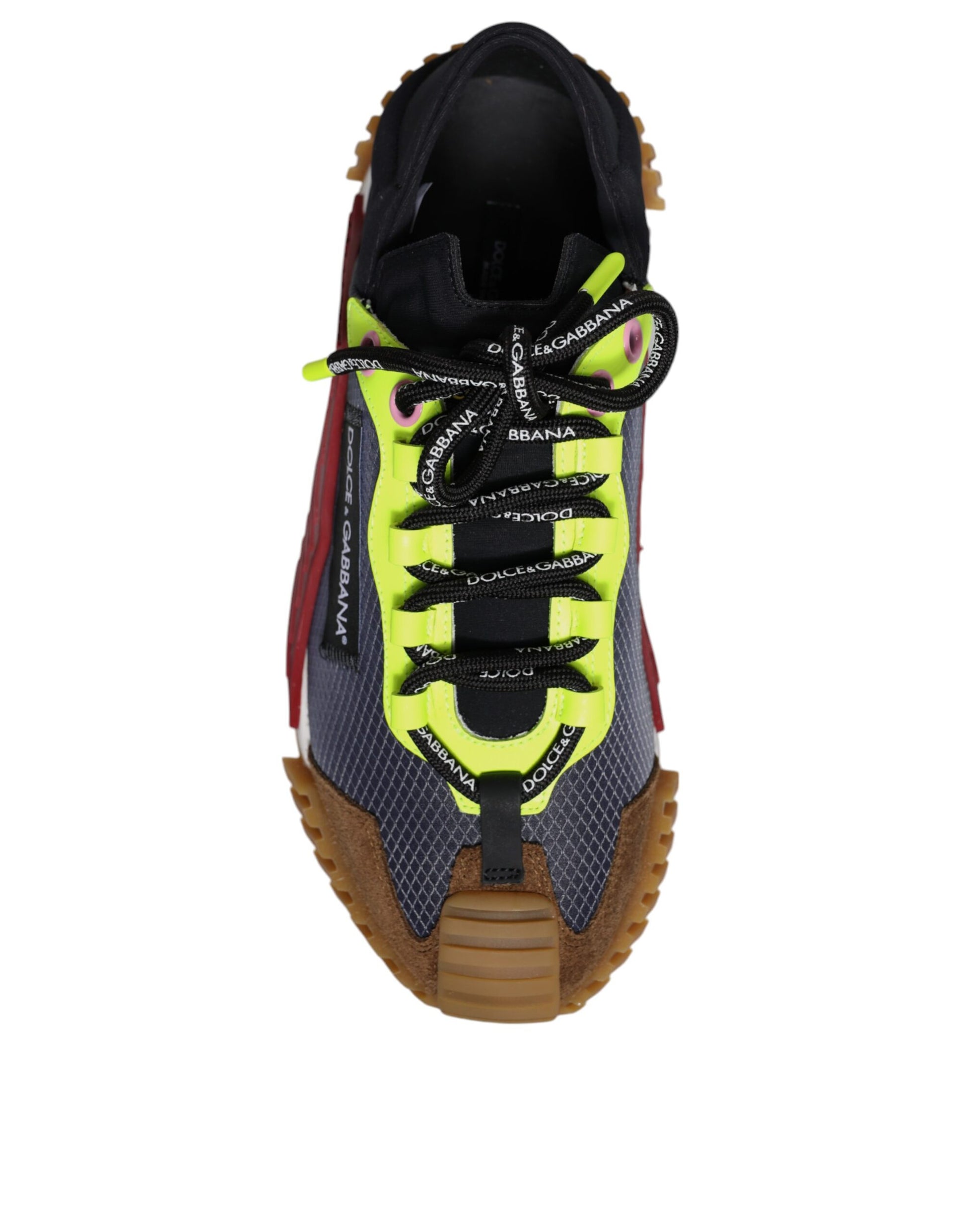 Yellow, black, red, and blue sneakers with white laces
