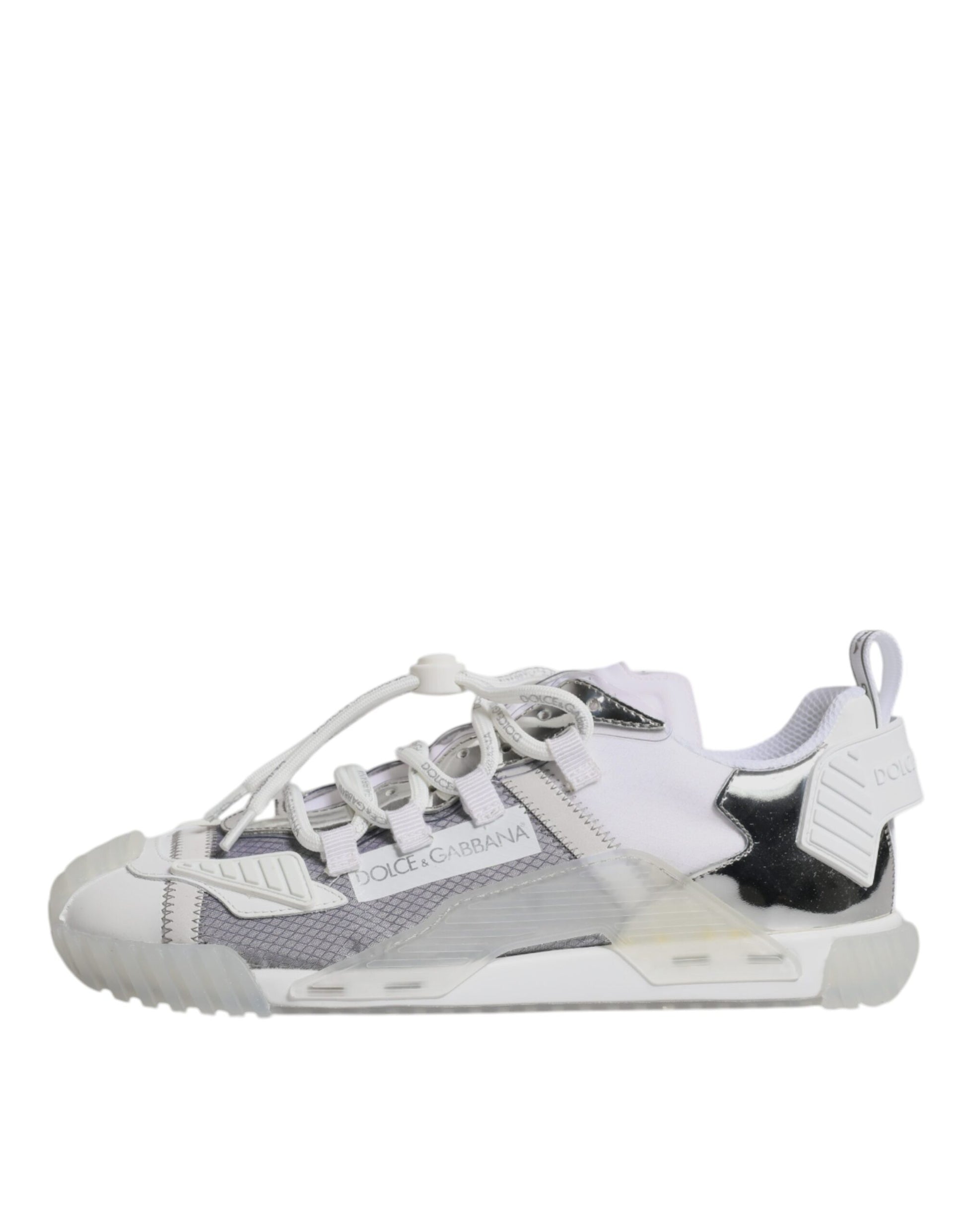 Pair of multicolored nylon sneakers with laces, featuring a low top and brand logo on side