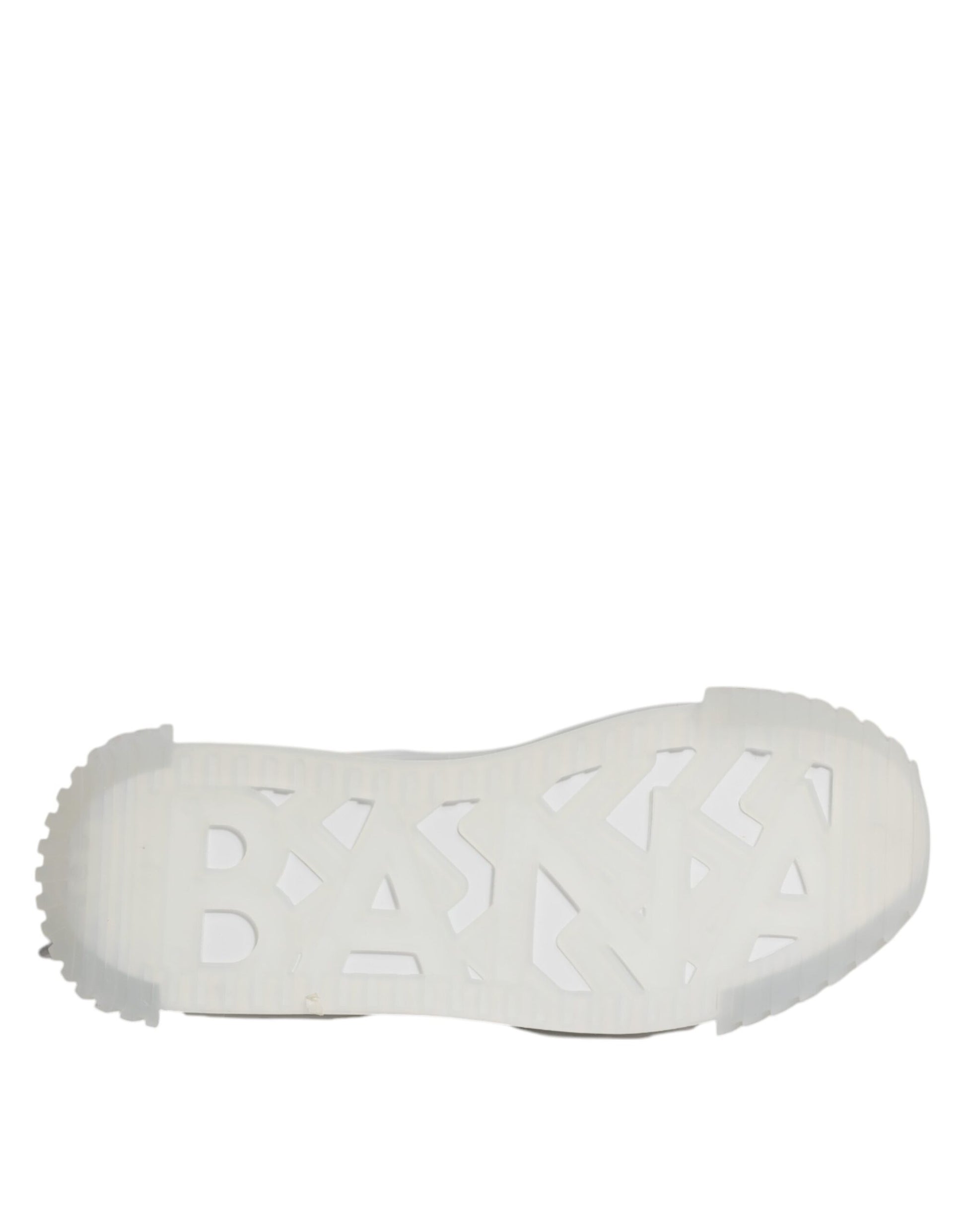 White sneaker with multicolored nylon upper and black laces
