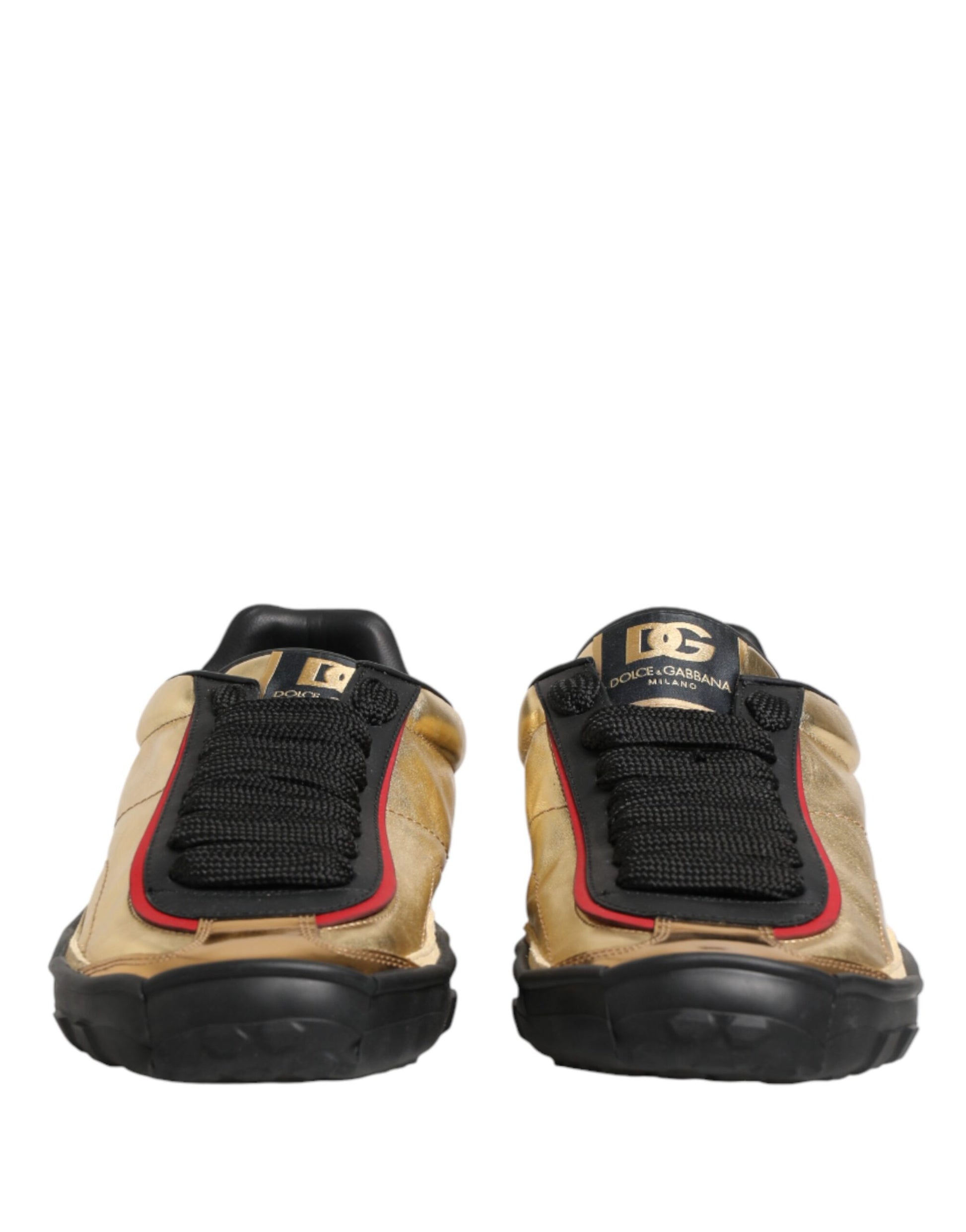 Gold, black, and red lace-up sneakers with a textured upper