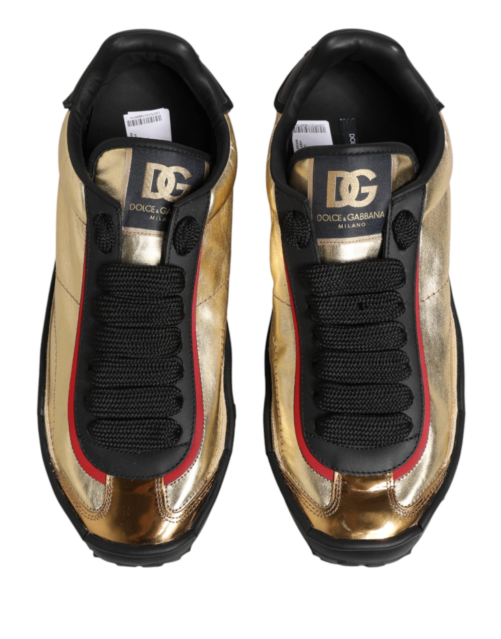 Gold and red lace-up sneakers with multicolored design