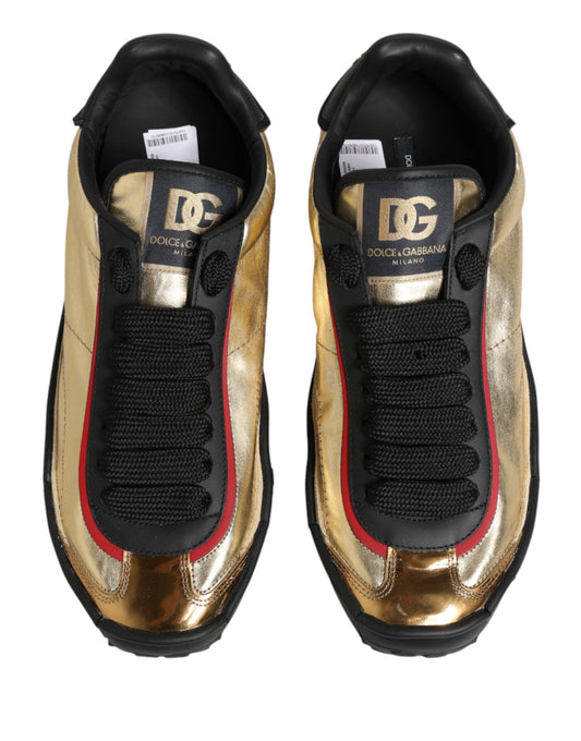 Gold and red lace-up sneakers with multicolored design