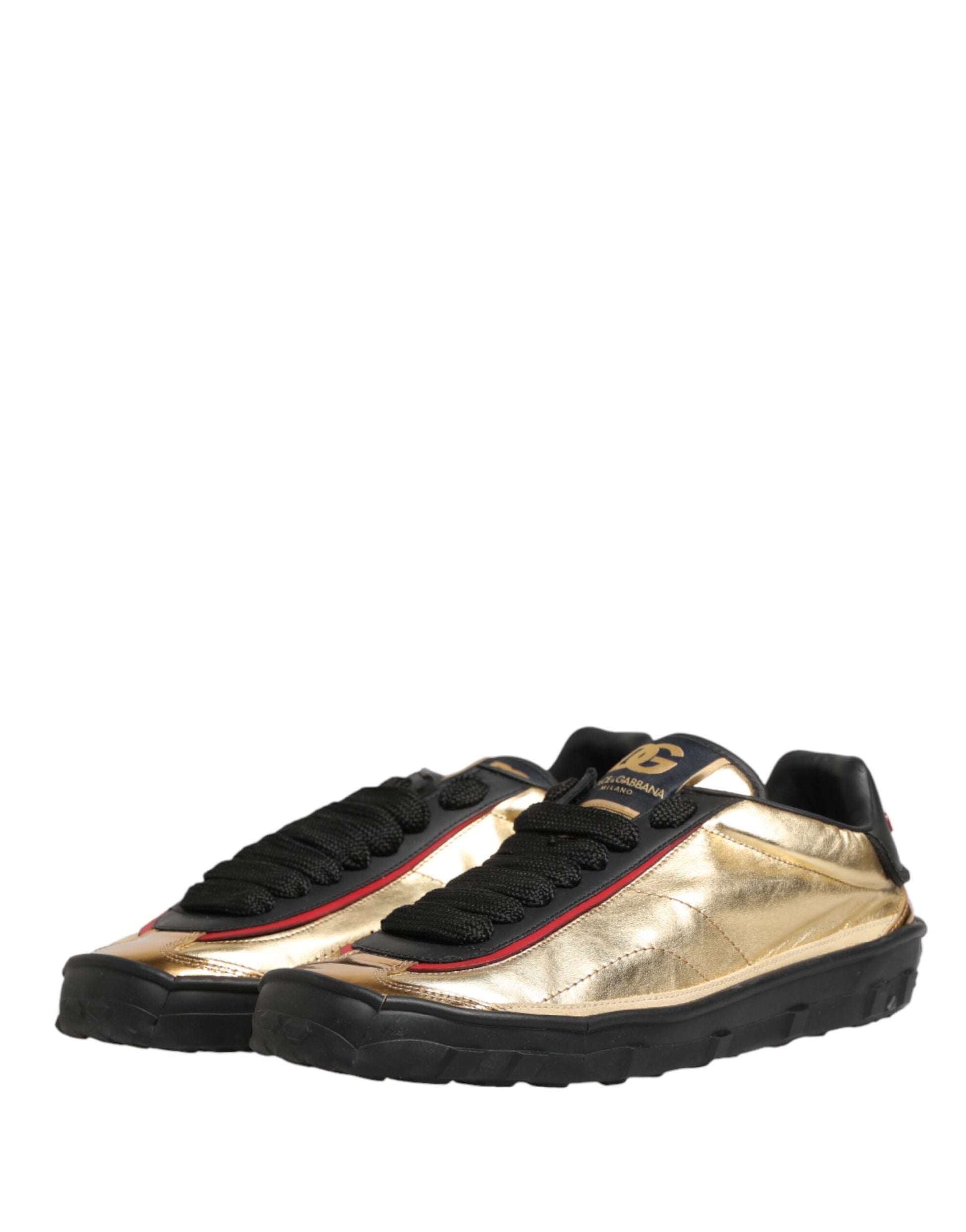 Gold and black lace-up sneakers with red accents
