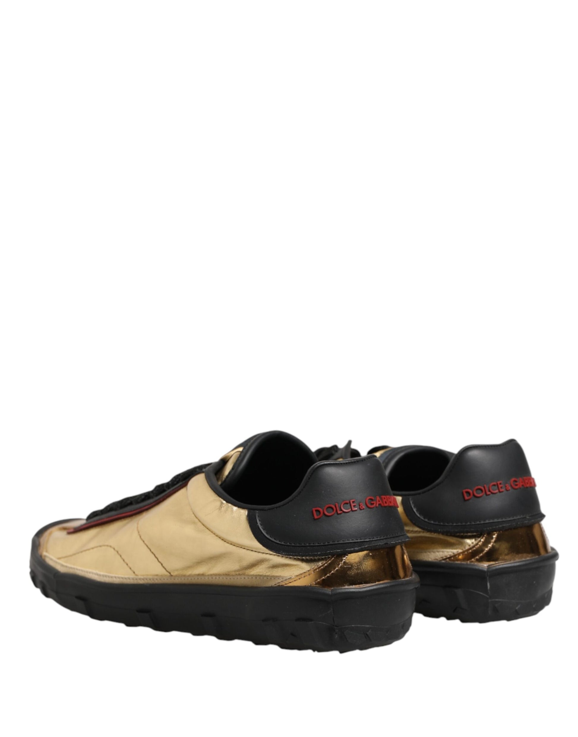 Gold and black lace-up sneakers with red logo