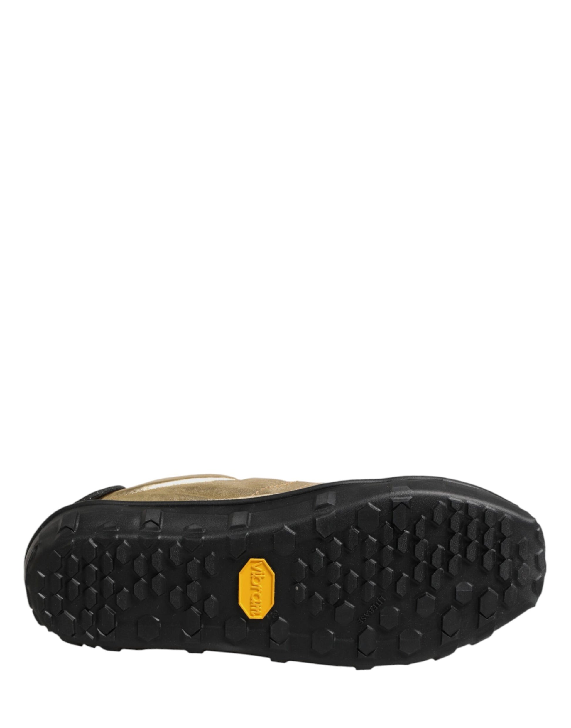 A single shoe with a yellow tag on the tongue, featuring a lace-up design and a textured sole